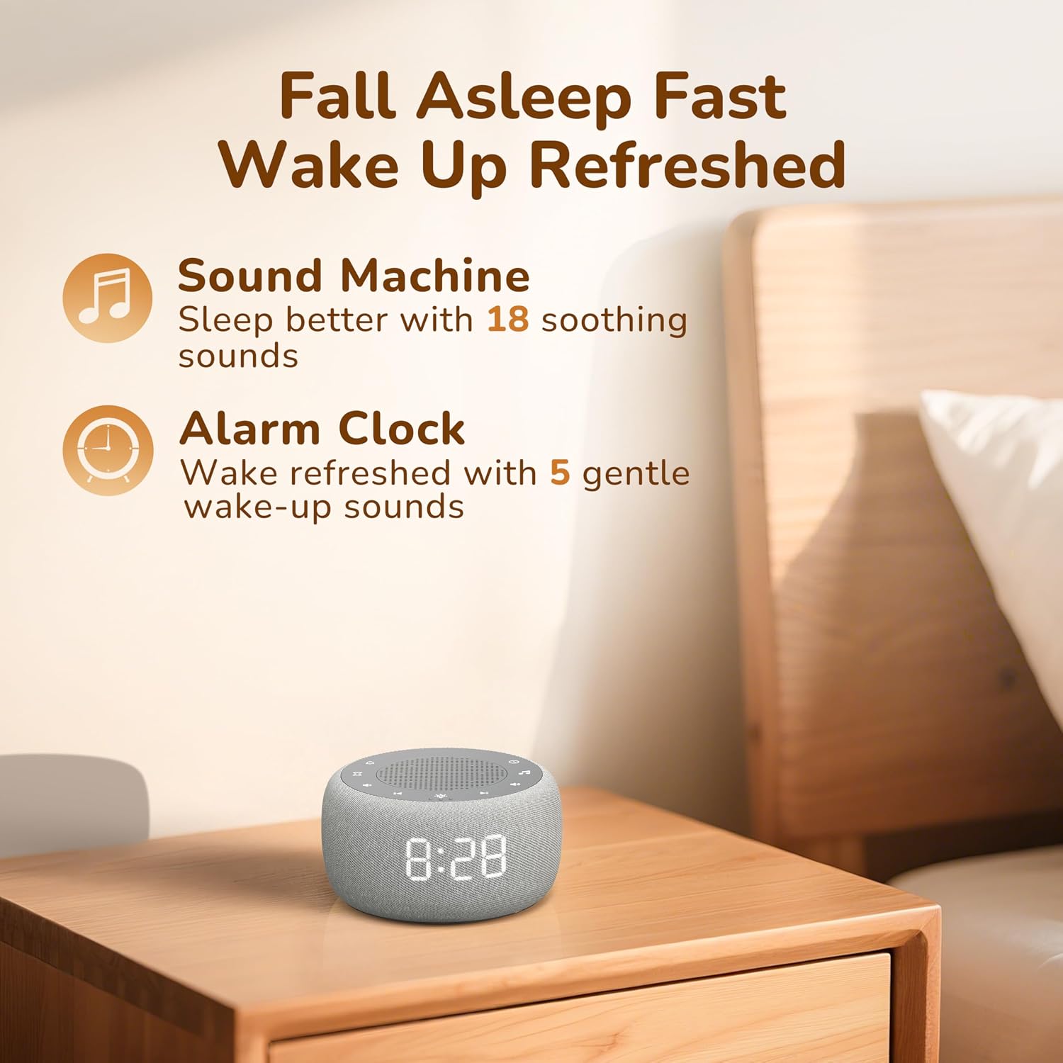 Buffbee Alarm Clock with Sound Machine for Bedrooms – 2-in-1 White Noise Machine for Sleep, Gentle Wake-Up with Soft Alarm Sounds…