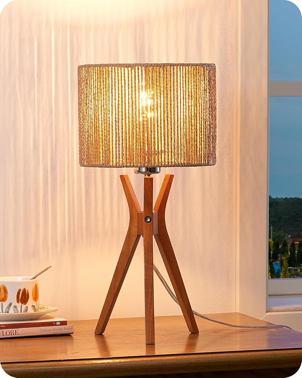 EDISHINE 17.5" Rattan Table Lamp, Wood Bedside Lamp with Handmade Paper Rope Woven Lampshade, Nightstand Lamp for Living Room, Bedroom…