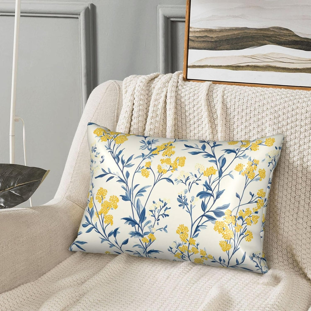 Imitation Silk Pillowcase for Hair and Skin Blue Leaves Bright Yellow Flowers 1 Pack Satin Queen Pillowcase with Hidden Zipper Cooling…