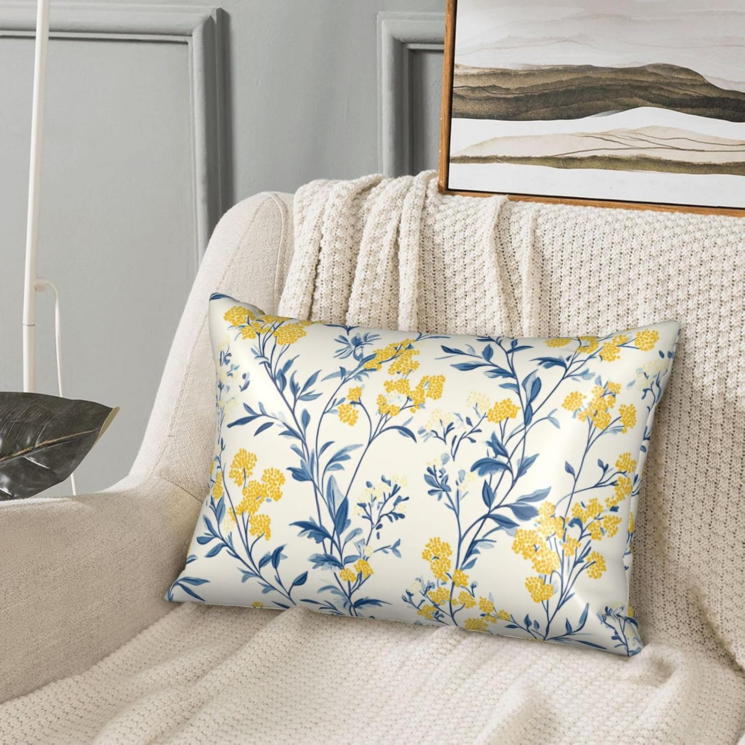 Imitation Silk Pillowcase for Hair and Skin Blue Leaves Bright Yellow Flowers 1 Pack Satin Queen Pillowcase with Hidden Zipper Cooling…