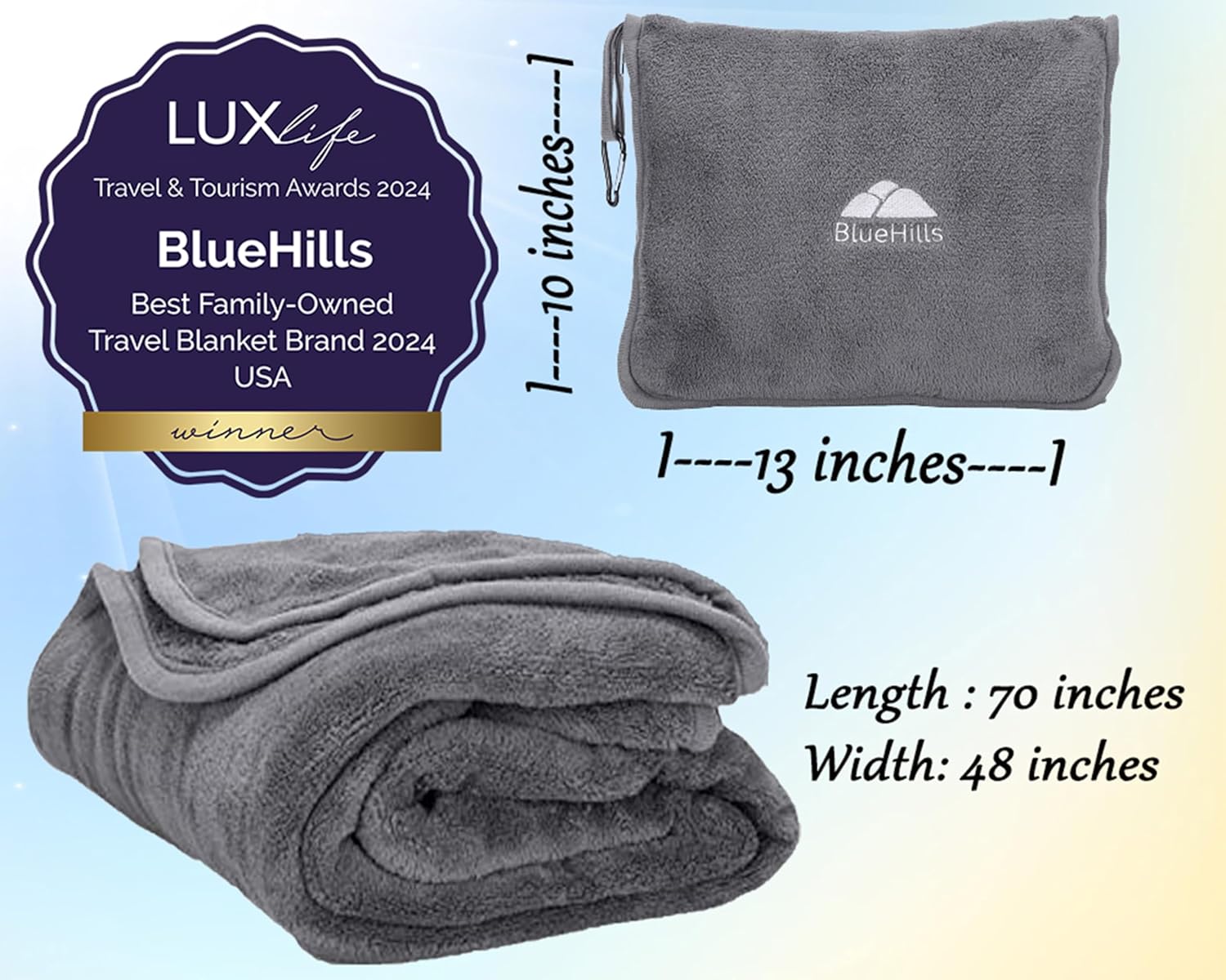 BlueHills Premium Soft Long Travel Blanket Pillow for Tall Airplane Flight Blanket Throw in Soft Bag case with Hand Luggage Belt &…