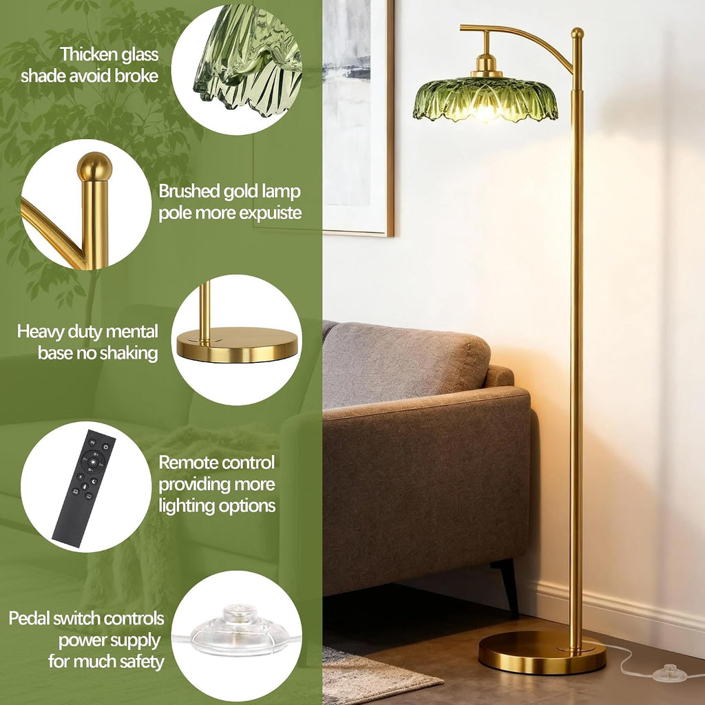 Gold Floor Lamp for Living Room, Dimmable Mid Century Modern Standing Lamp with Remote Control and Green Glass Shade, 68" Tall Lamp for…