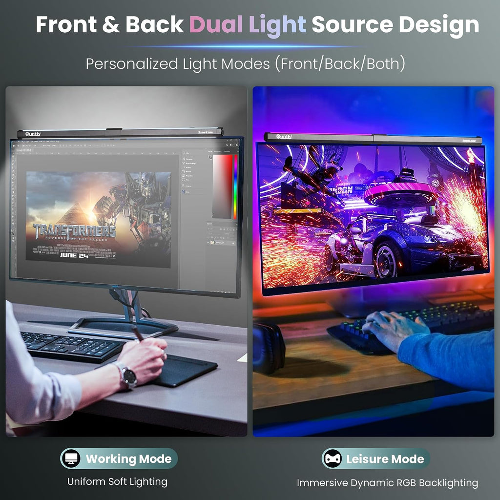 Quntis Monitor Light RGB PRO Backlight, Eye-comfort Dual Light Computer Light Bar Gaming Office Desk Lamp, 15 Modes Dimmable Backlight, 3…