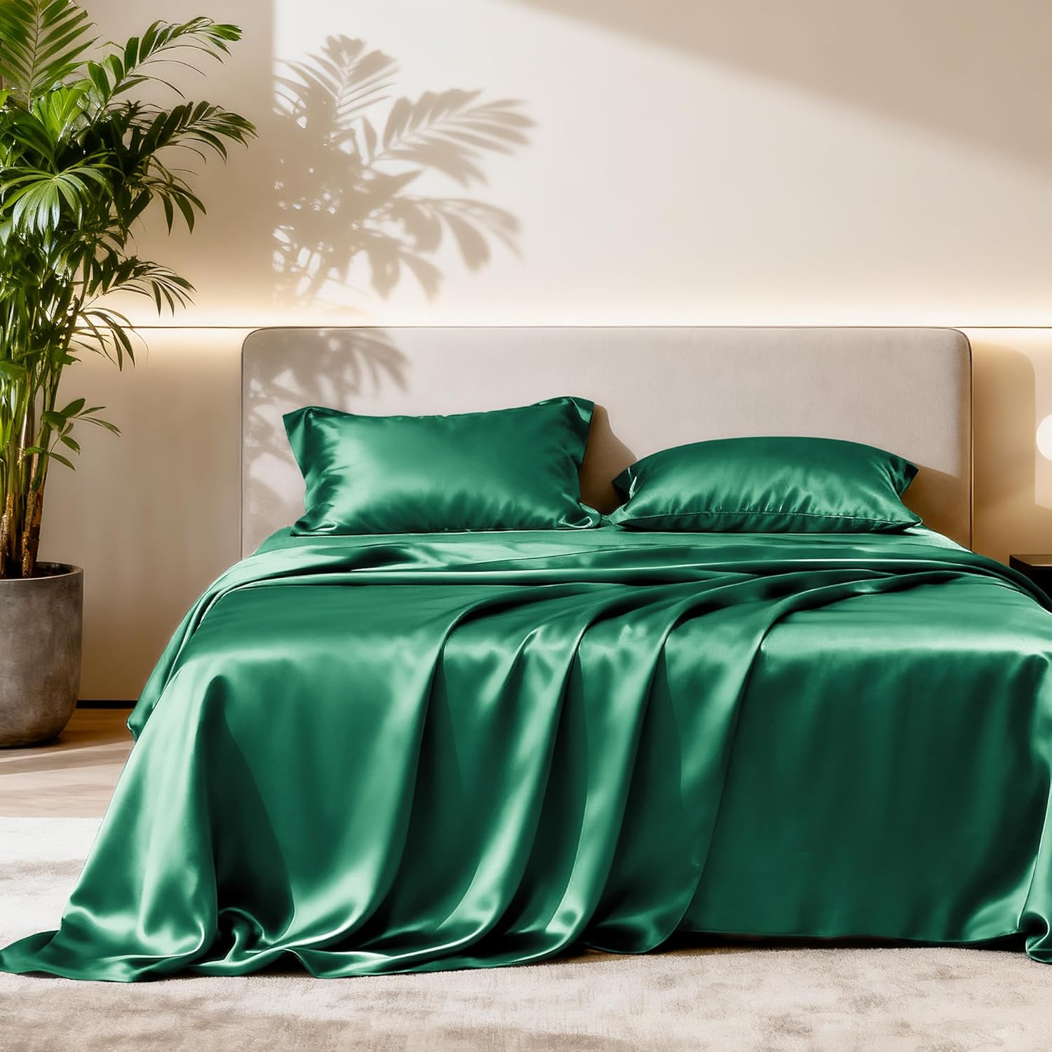 Lovescabin Love's cabin 4Piece California King Satin Bed Linen Set, Dark Green Silky Satin Sheets, Deep Pocket, Luxury Silk Feel, 1 Flat, 1…
