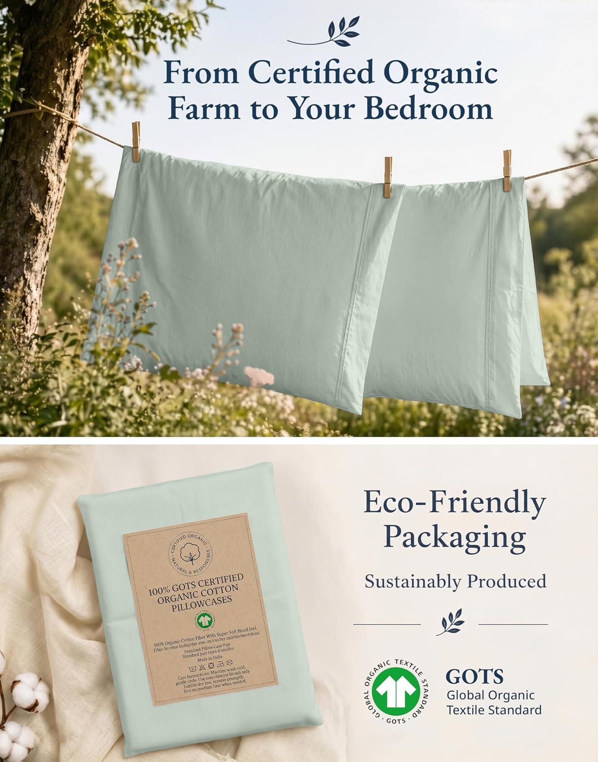 LaneLinen Lane Linen 100% Organic Cotton King Pillow Cases Set of 2 (20"x36") - Cool Blue 4 Inch Cotton Blue