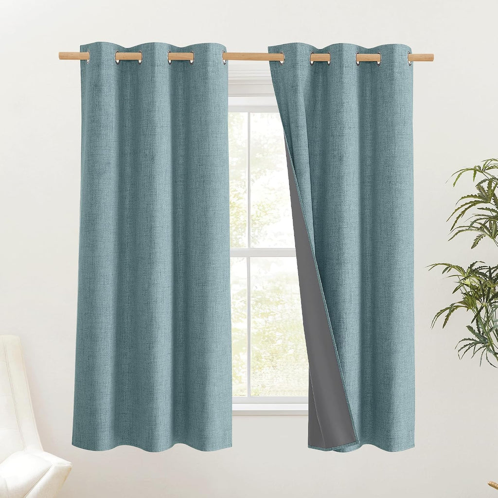 NICETOWN 100% Absolutely Blackout Linen Curtains with Thermal Insulated Liner, Skylark Blue, 42" Wide, 45" Length Energy Saving Curtains…