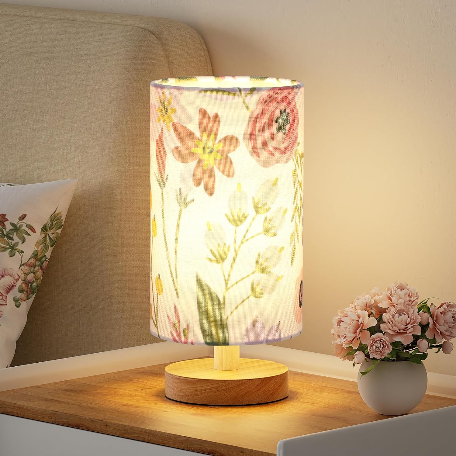 Fenmzee Floral Table Lamp for Bedroom - Inline Control, Small Bedside Lamp with 3000K A15 LED Blub, Easy Assembly (Floral White Shade, 9"…
