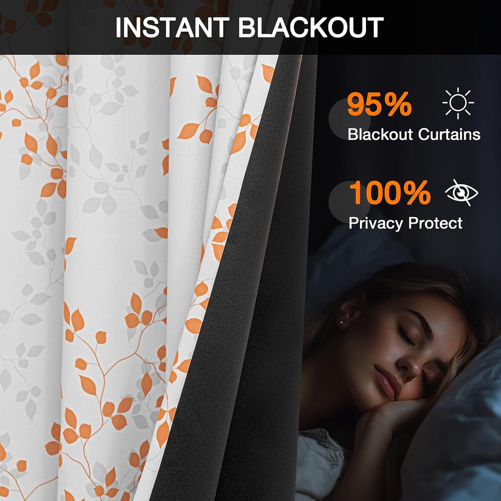 Meetsky 95% Blackout Curtains for Bedroom - Orange Curtains 63 inch Length Leaf Patterned for Living Room, Thermal Insulated Nursery Drapes…