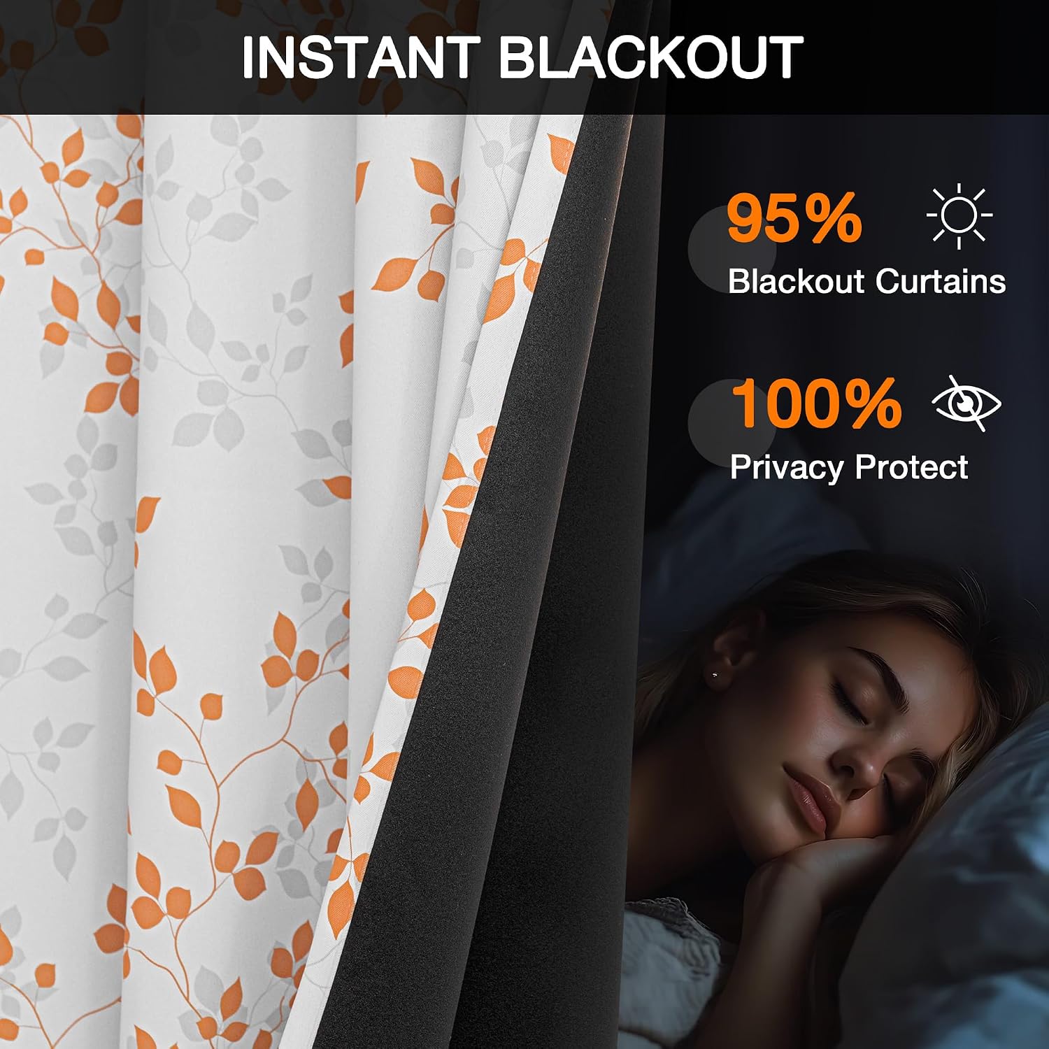 Meetsky 95% Blackout Curtains for Bedroom - Orange Curtains 63 inch Length Leaf Patterned for Living Room, Thermal Insulated Nursery Drapes…