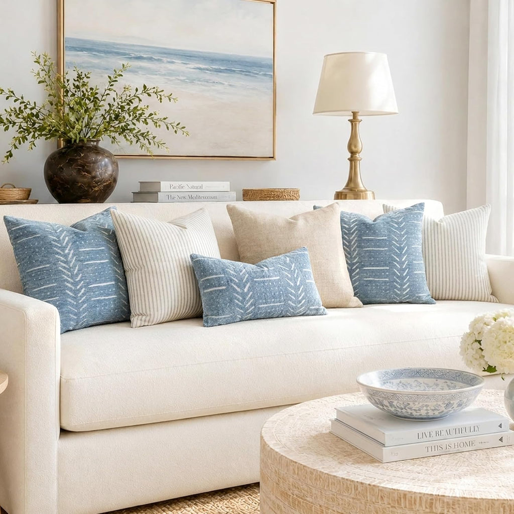 BlissBlush Coastal Blue Decorative Throw Pillow Covers 20x20 Set of 2, Soft Woven Chenille Accent Pillow Covers for Couch Sofa Bed…