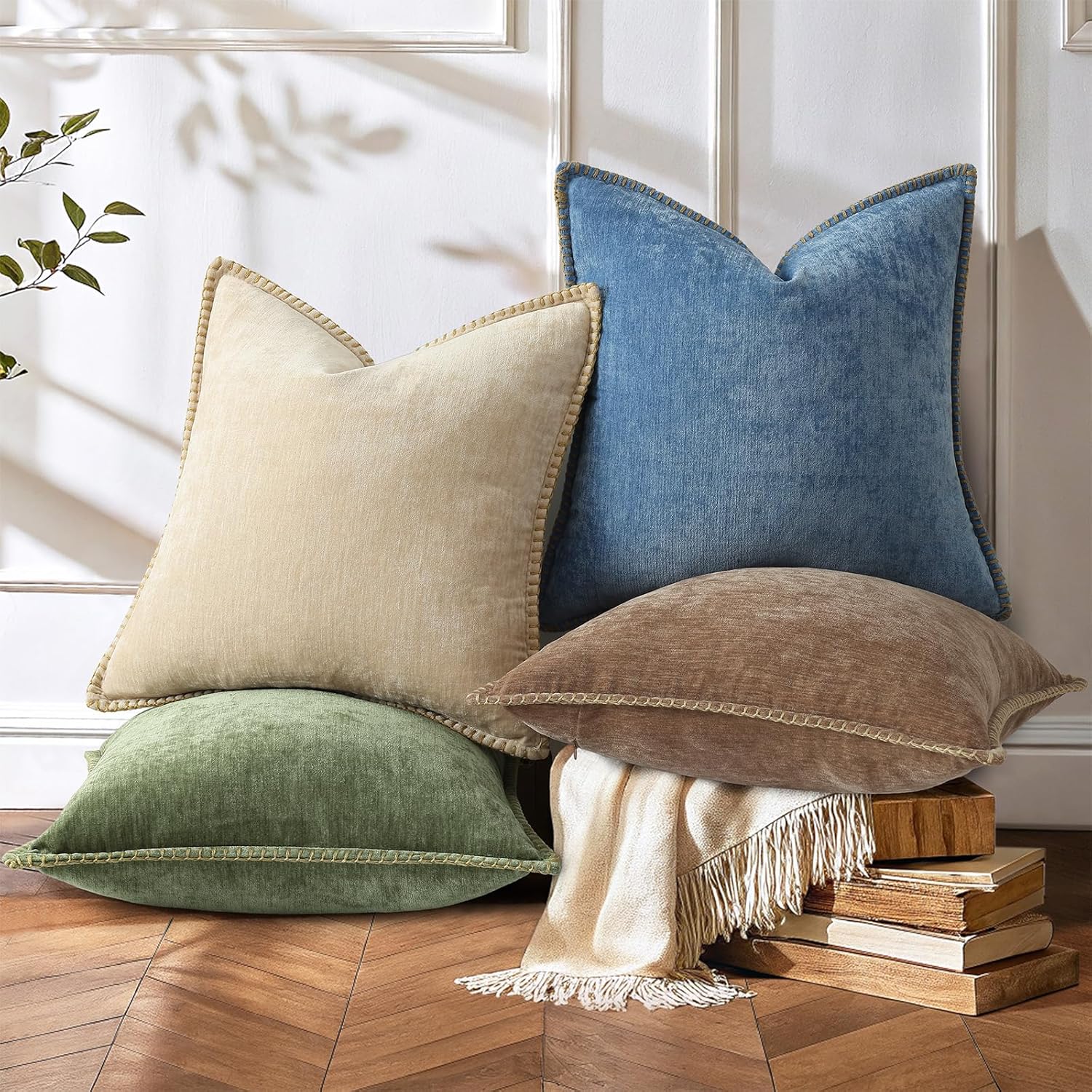 decorUhome Chenille Soft Cozy Throw Pillow Covers 16x16 Set of 2, Modern Farmhouse Boho Velvet Decorative Pillow Cases with Stitched Edge f…