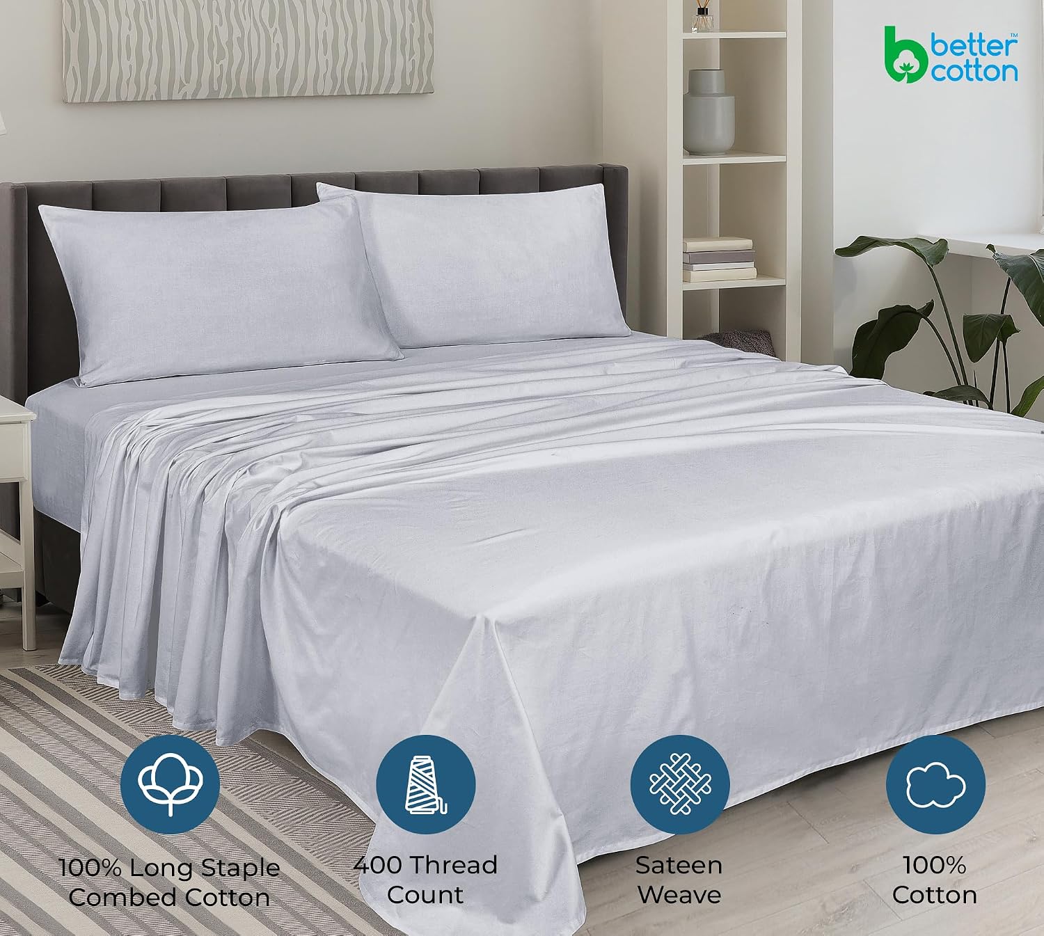 Royalelinens ROYALE LINENS 400 Thread Count 100% American Grown Cotton 3 Piece Sateen Twin Sheet Set - 1 Fitted Sheet, 1 Flat Sheet, 1 Pill…