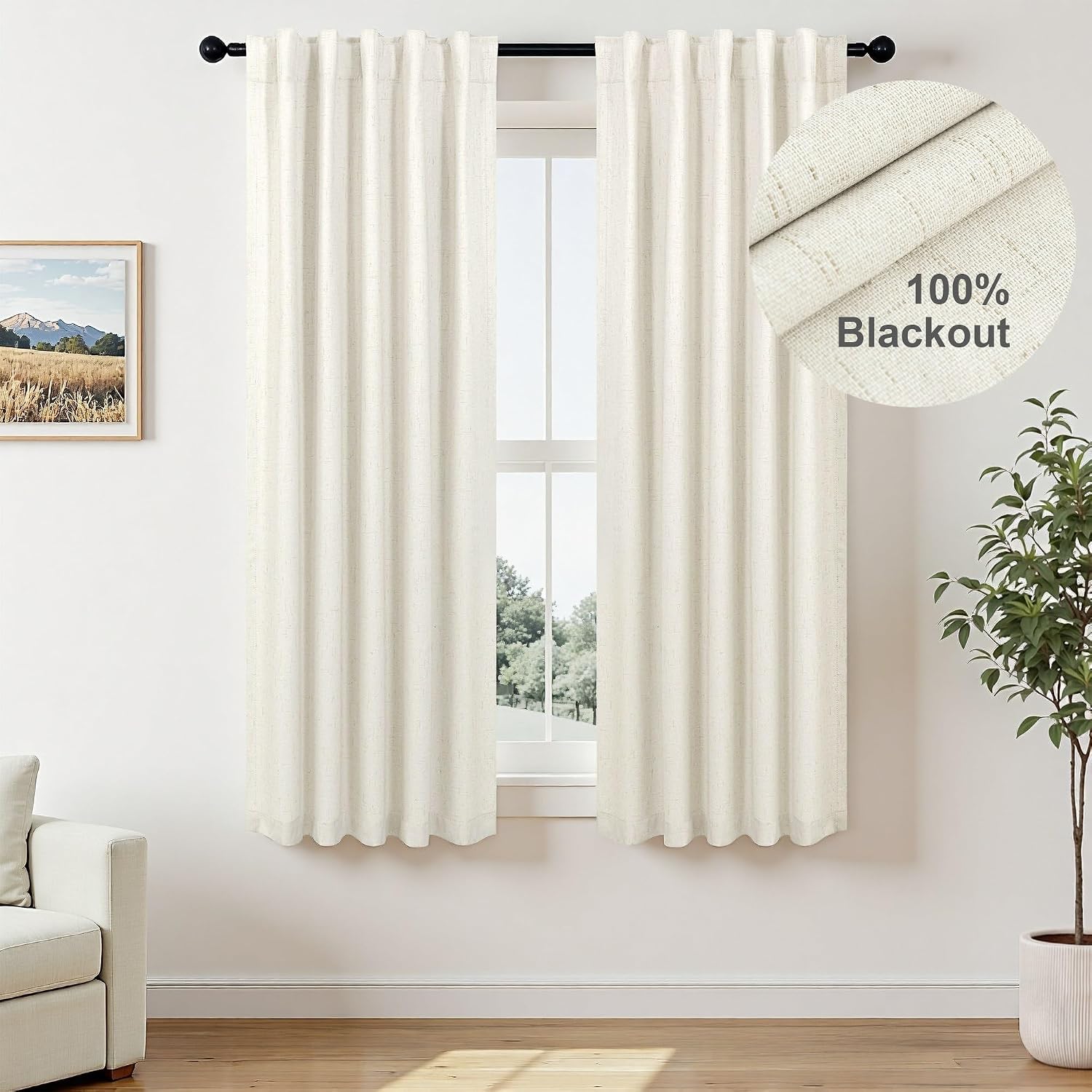 Pitalk Natural Linen Blackout Curtains 60 Inch Length 2 Panels Set 5FT 5 FT Long for Bedroom Living Room Cream Ivory Black Out Window Drape…