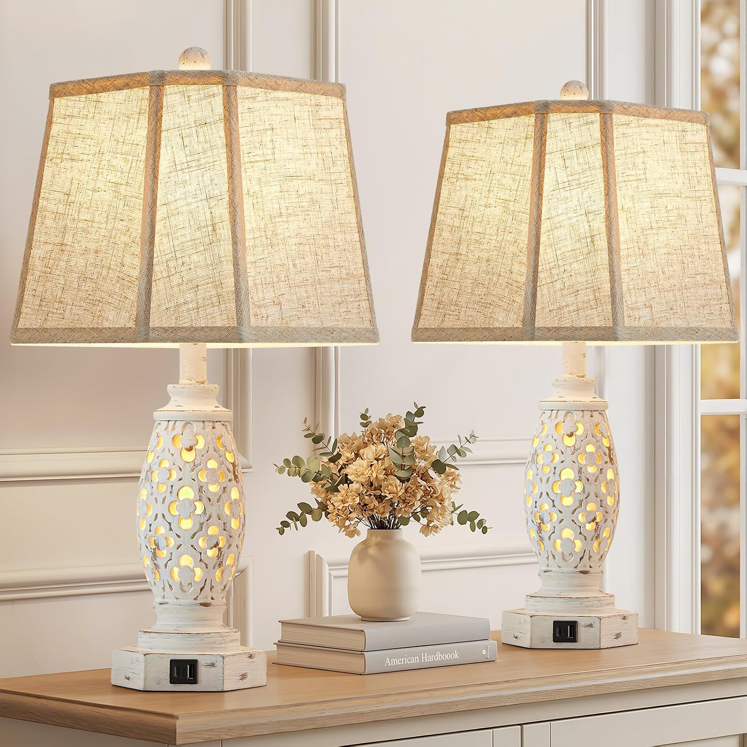 Lamps for Night Stands Set of 2-23.5" Bedside Lamp with USB A+C and Nightlight - Rustic Farmhouse Table Lamp for Bedrooms, End Tables…