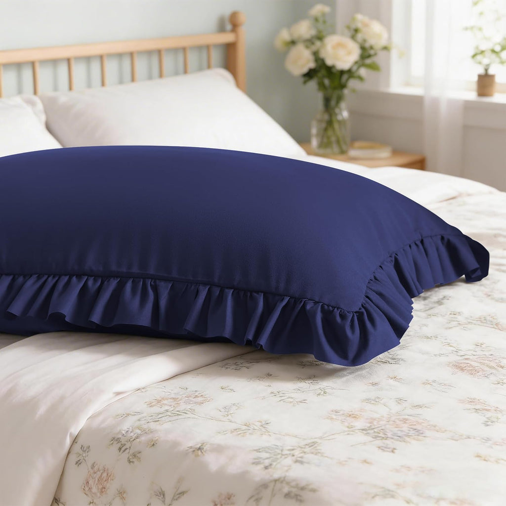 Aerlomi Ruffled Pillowcases, King Pillow Shams 20x36 Set of 2, Brushed Microfiber with Envelope Closure, Soft Wrinkle-Resistant, Nav…
