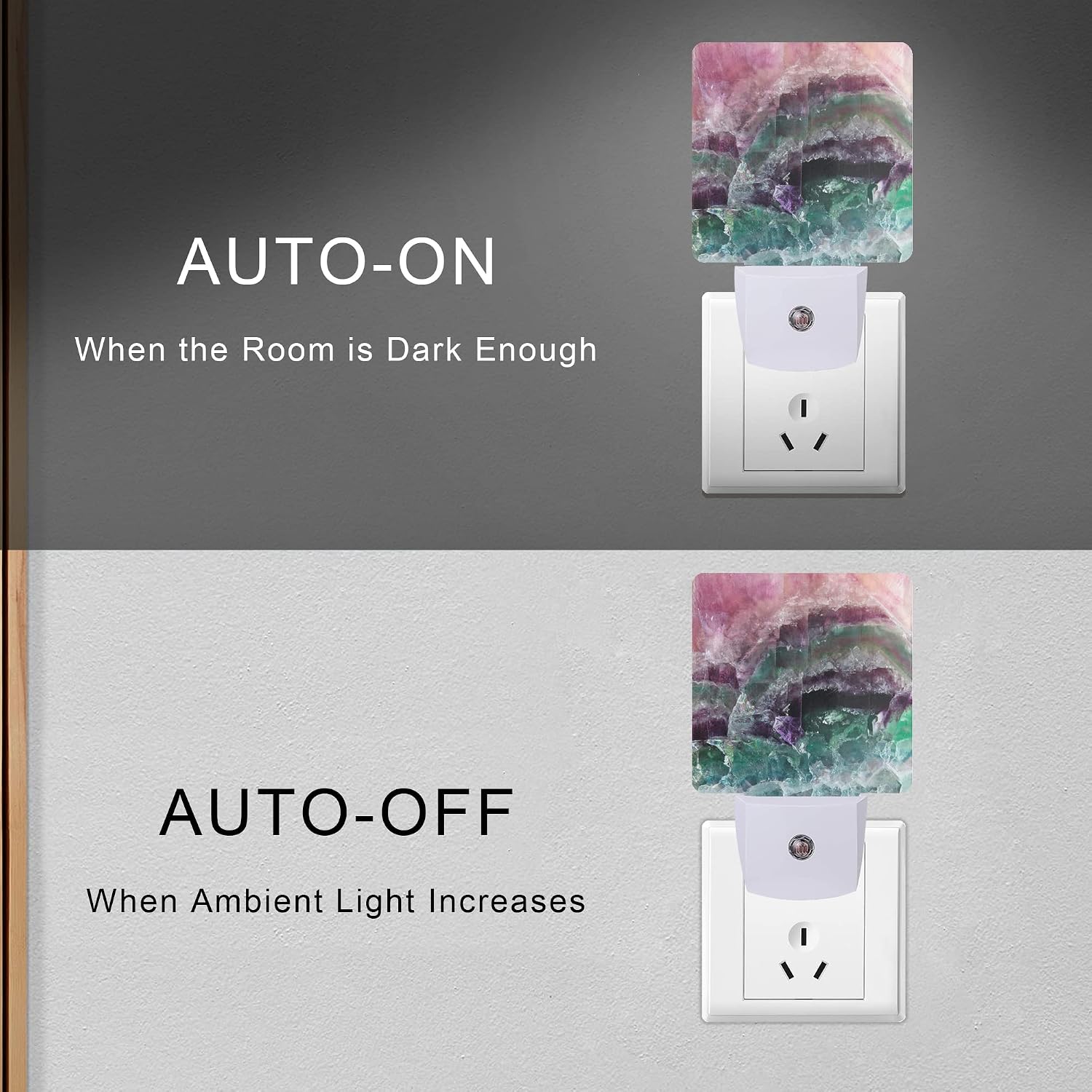 Color Pink Fluorite Crystal Stone Night Light Plug-in LED Nightlights Auto Sensor Night Lamp Dusk-to-Dawn Lamp Home Decor for Nursery…