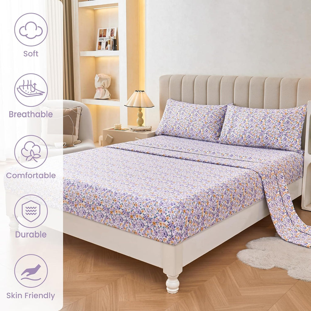 mooreeke Floral King Bed Sheets, Soft Microfiber Vintage Printed Bedding Sheets & Pillowcases, Deep Pocket Non-Slip Fitted King Sheet, Purp…