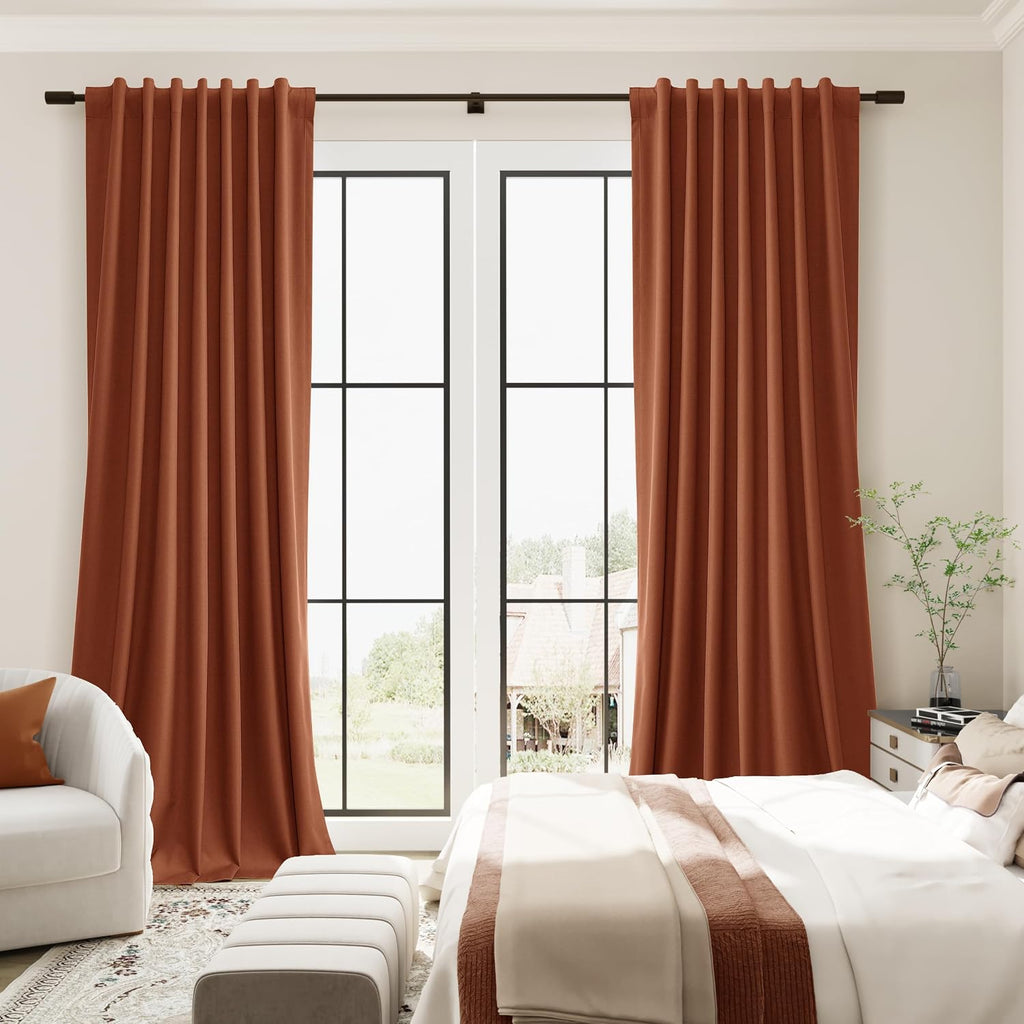 Guken Terracotta Linen 100% Blackout Curtains for Bedroom 120 Inches Black Out Light Blocking Thermal Insulated Soundproof Back Tab Hook Be…