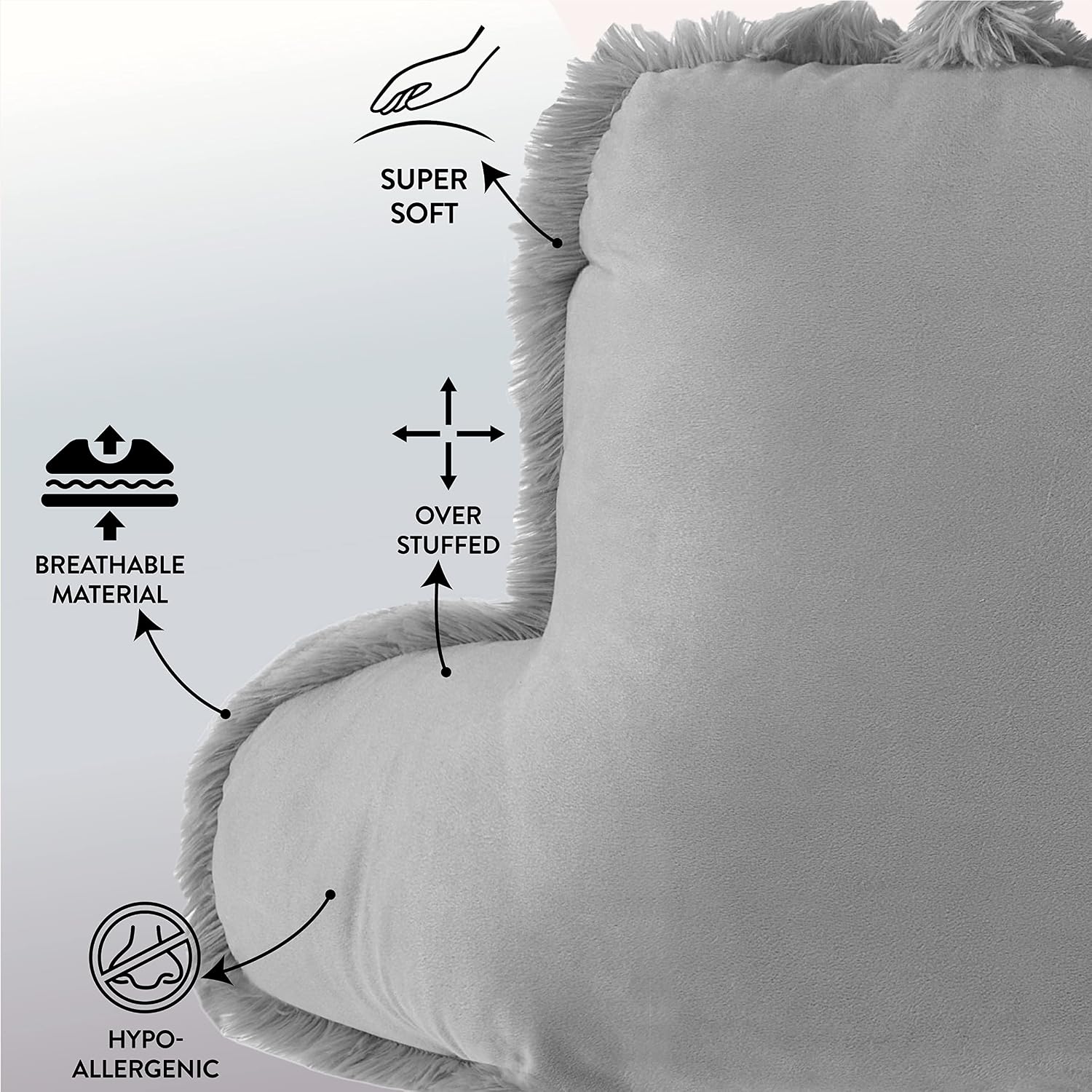 Urban Lifestyle Decorative and Supportive Backrest Reading Bed Pillow, Ultra Soft Long Hair Faux Fur Reverse to Mink Fabric, Grey