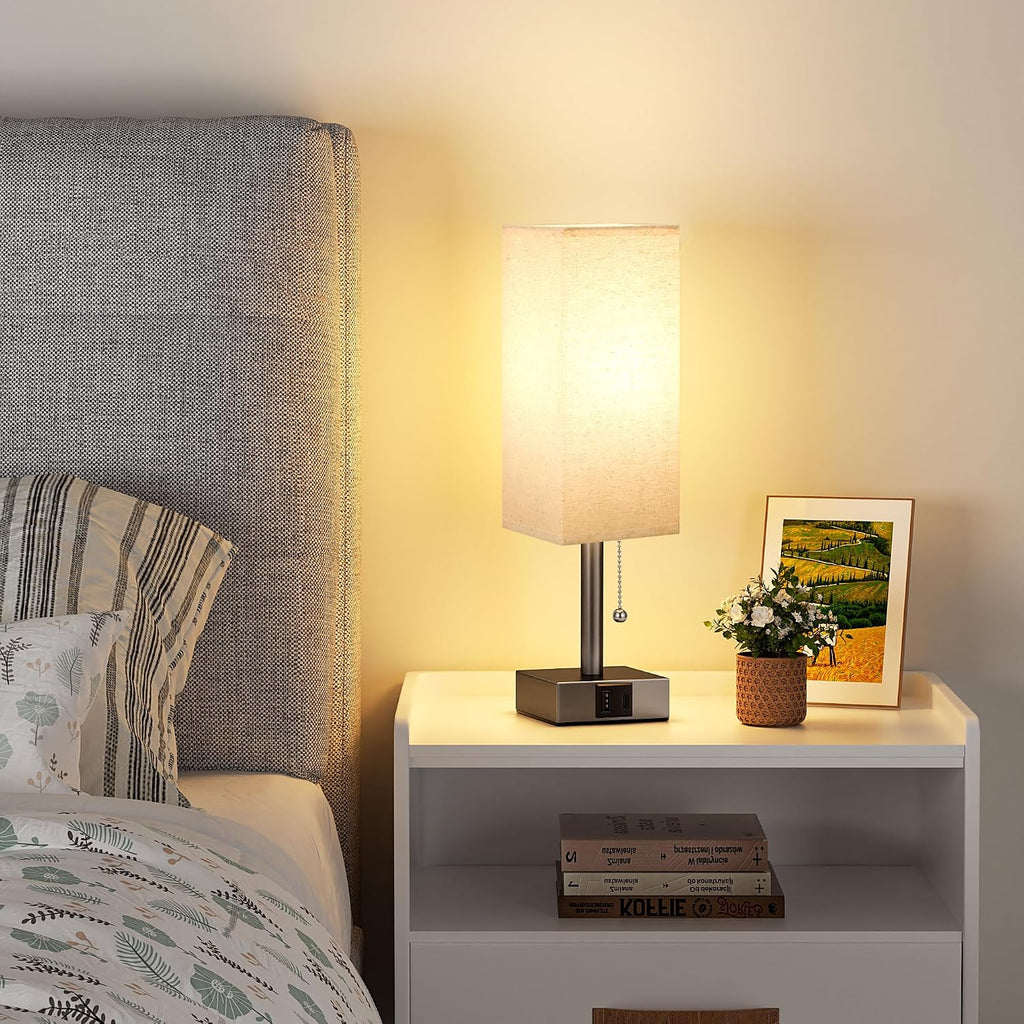 Aooshine Beige Small Table Lamp for Bedroom - 3 Color Temperature 3000K 5000K 4000K Bedside Lamp, Pull Chain Control, USB A and C Ports, Br…
