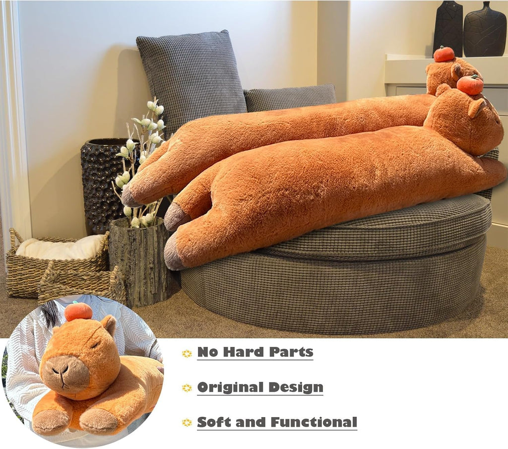 Capybara Plush Pillow, Capybara Stuffed Animal with Persimmon Plush, Capybara Plush Long Body Pillow (35 inch)