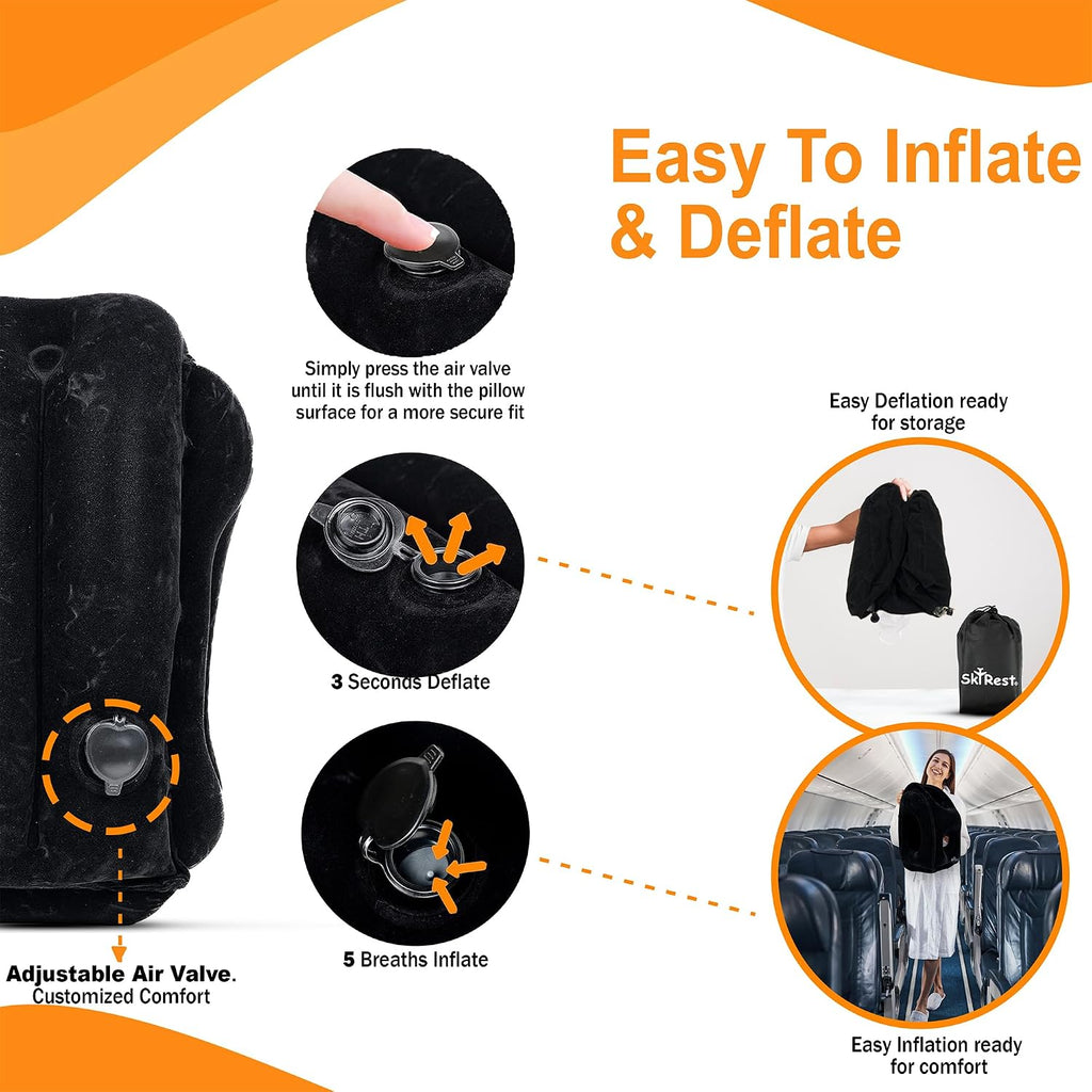 Inflatable Travel Pillow - Airplane Pillow for Neck Support on Long Flights, Buses, Cars, Office & Trains - Comes with Eye Mask, Earplugs…