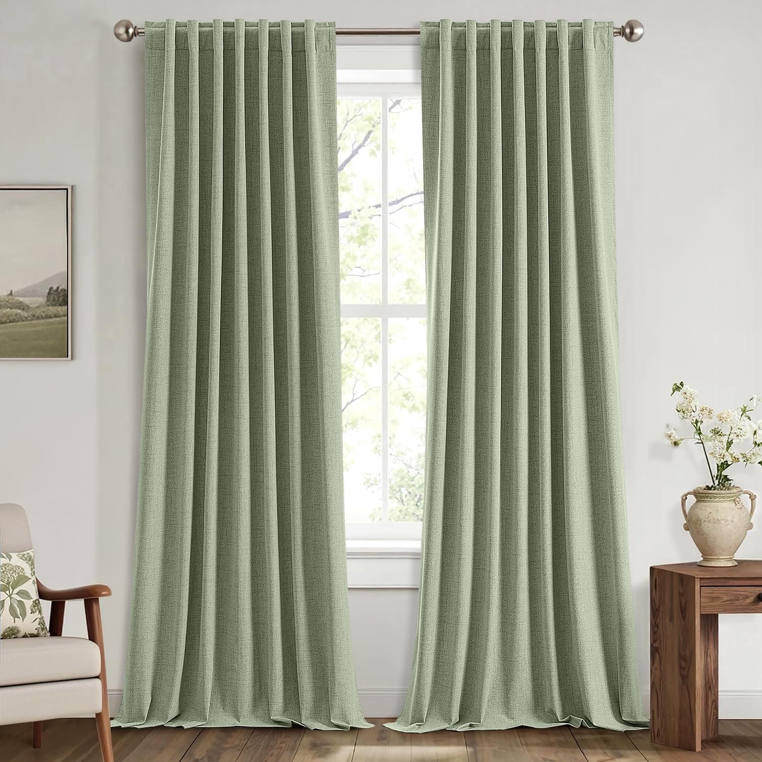 Miulee 100% Blackout Linen Curtains for Bedroom, Sage Green Solid Luxury Decor Thermal Insulation Room Darkening Drapes for Living Room Nur…