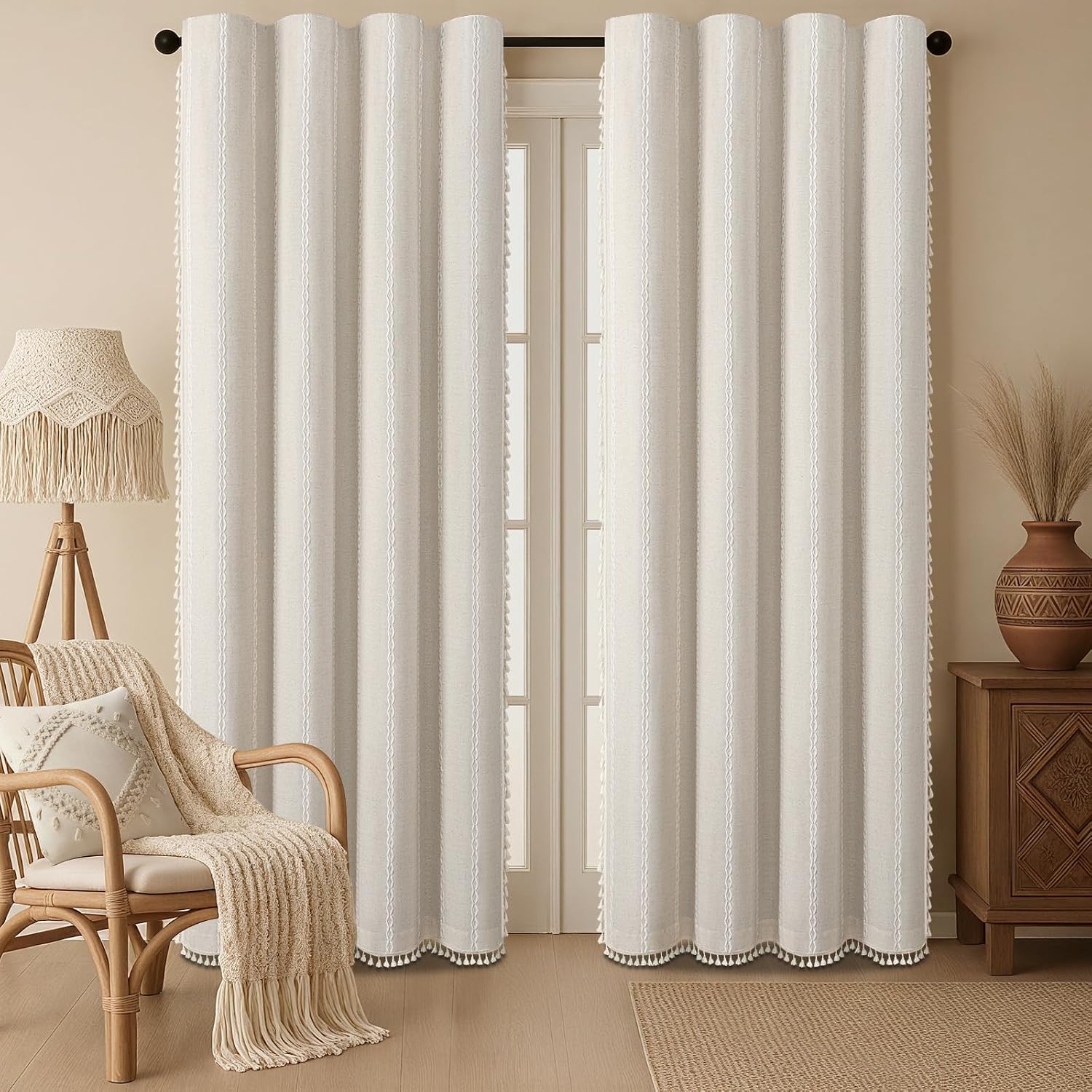 XOGUIBO Boho 80% Blackout Curtains with Gray Liner 84 Inches Long 2 Panels Set, Beige Linen Blend Drapes with Tassels and Cotton Emb…