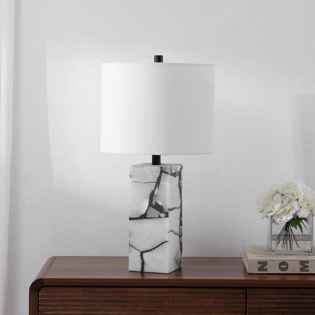 Jonathany JONATHAN Y 24.25" Black/White Modern Alabaster LED Table Lamp for Home Decor, White Linen Shade, Coastal Nightstand Lamp with Bui…