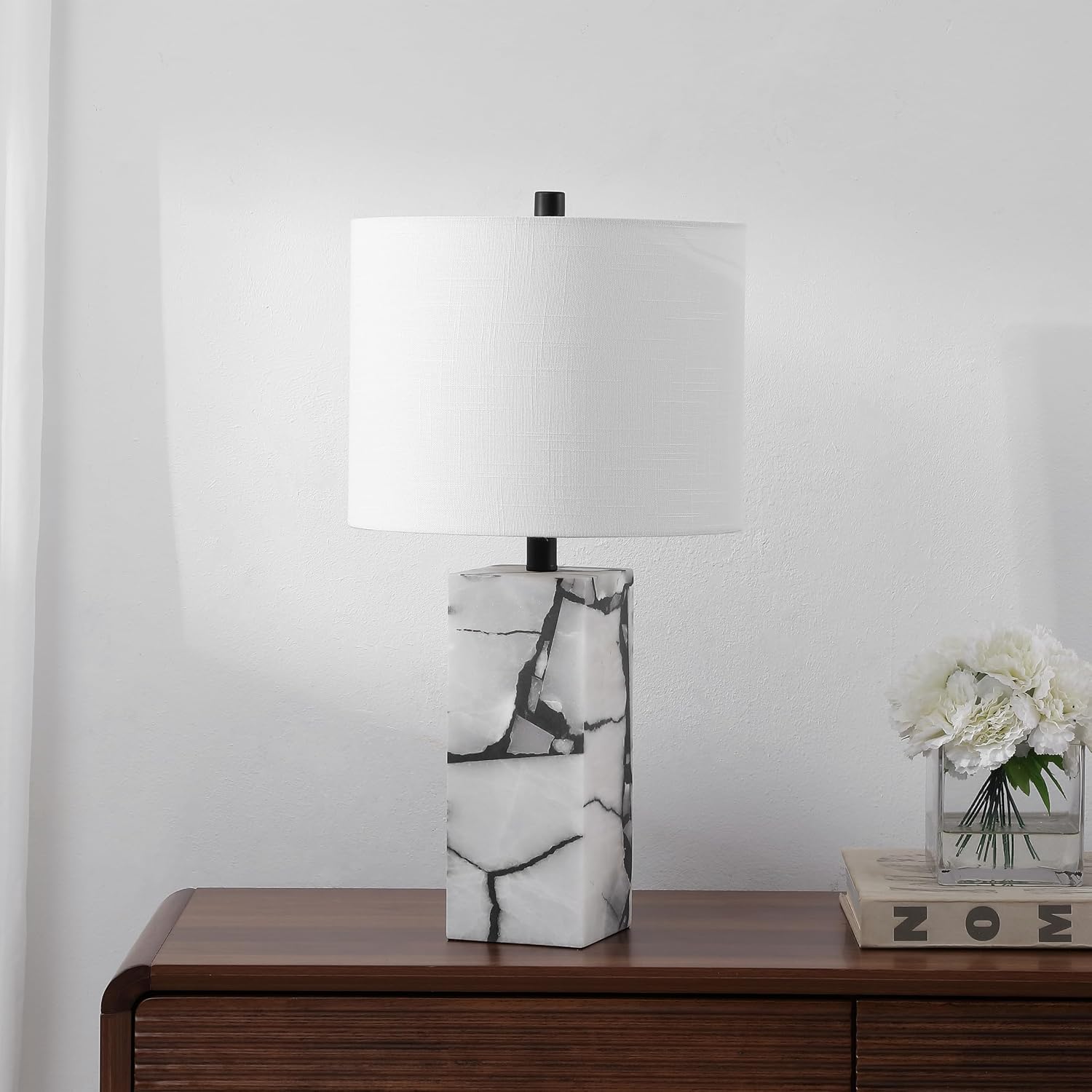 Jonathany JONATHAN Y 24.25" Black/White Modern Alabaster LED Table Lamp for Home Decor, White Linen Shade, Coastal Nightstand Lamp with Bui…