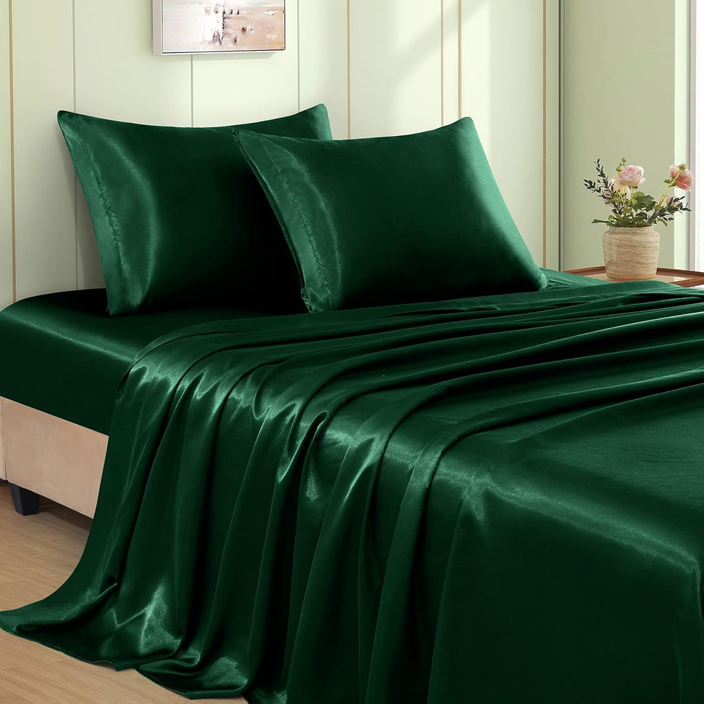 VACVELT 3pcs Emerald Green Satin Sheets Twin Size Bed Set, 15 Inch Deep Pocket Silky Satin Sheet Set, Soft Satin Bedding Set Cooling &…