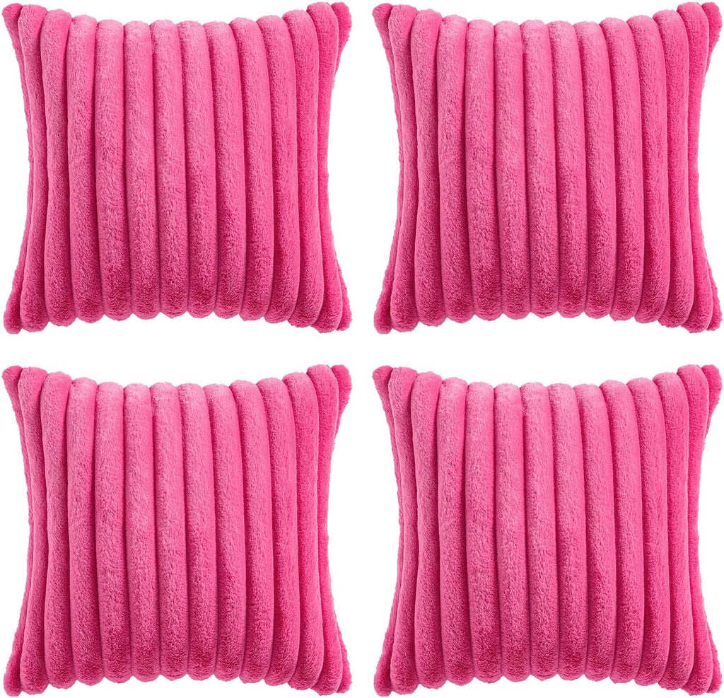 Miulee Faux Fur Plush Decorative Throw Pillow Covers 18x18 Set of 4, Spring Modern Soft Fuzzy Striped Cushion Covers for Sofa Couch Bed Liv…