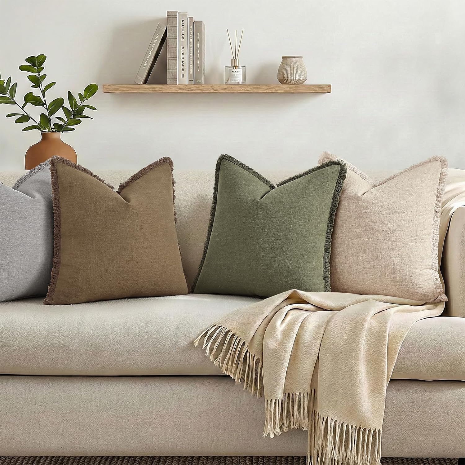 decorUhome Summer Decorative Neutral Linen Fringe Throw Pillow Covers Set of 2 Olive Green Pillow Covers with Tassels Soft Farmhouse Boho A…