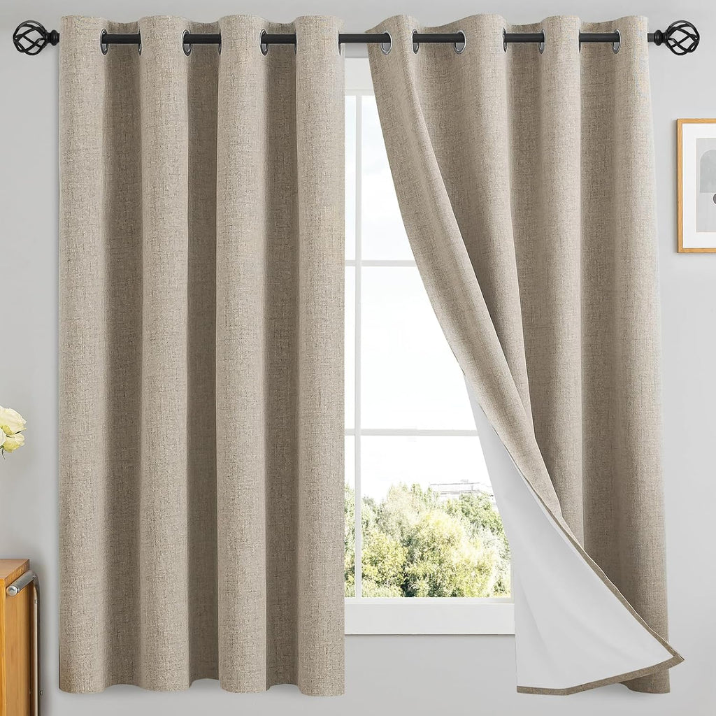 Yakamok Natural Linen Curtains 100% Blackout 63 Inches Long, Room Darkening Textured Curtains for Living Room Thermal Grommet Bedroom Curtai…