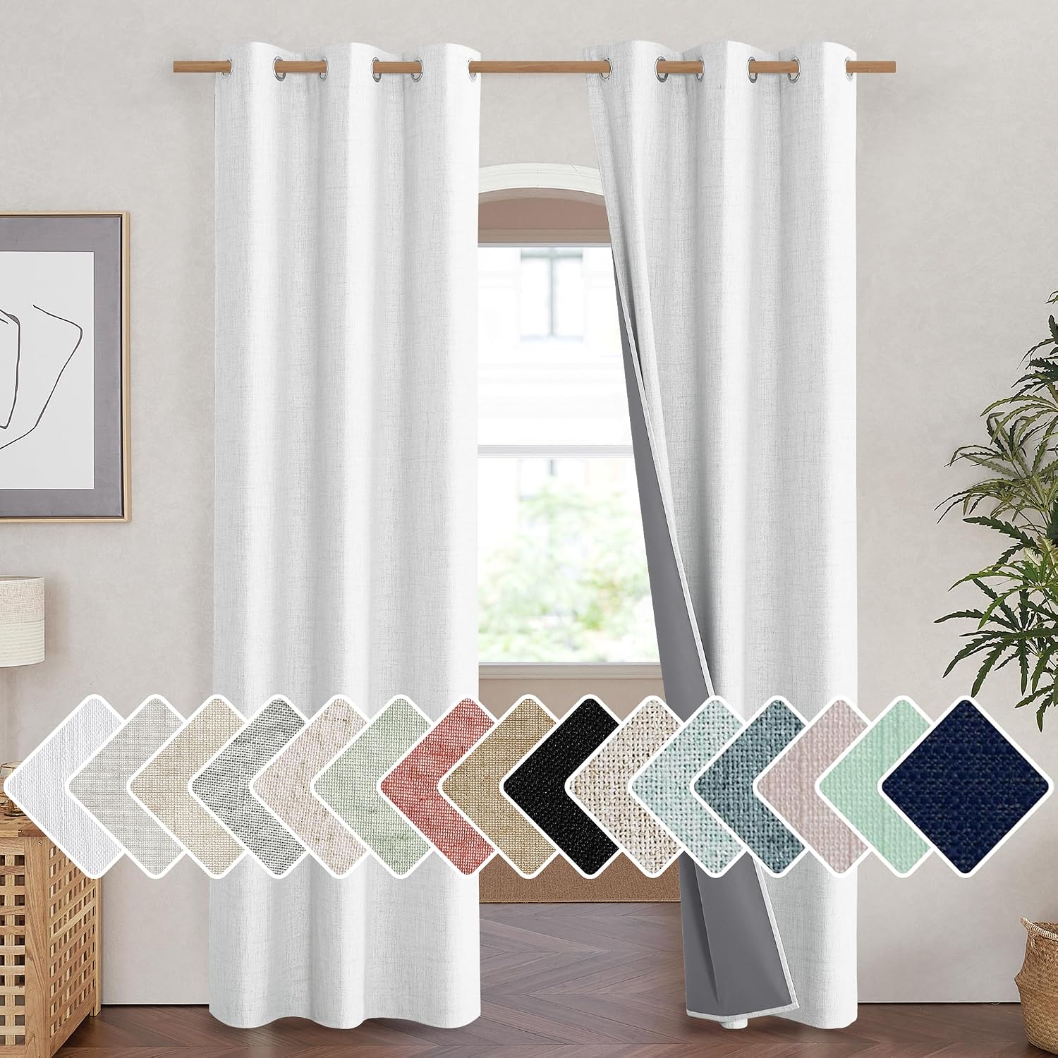 NICETOWN 100% Absolutely Blackout Linen Curtains with Thermal Insulated Liner, Greyish White, 42" Wide, 84" Length Energy Saving Curtains…