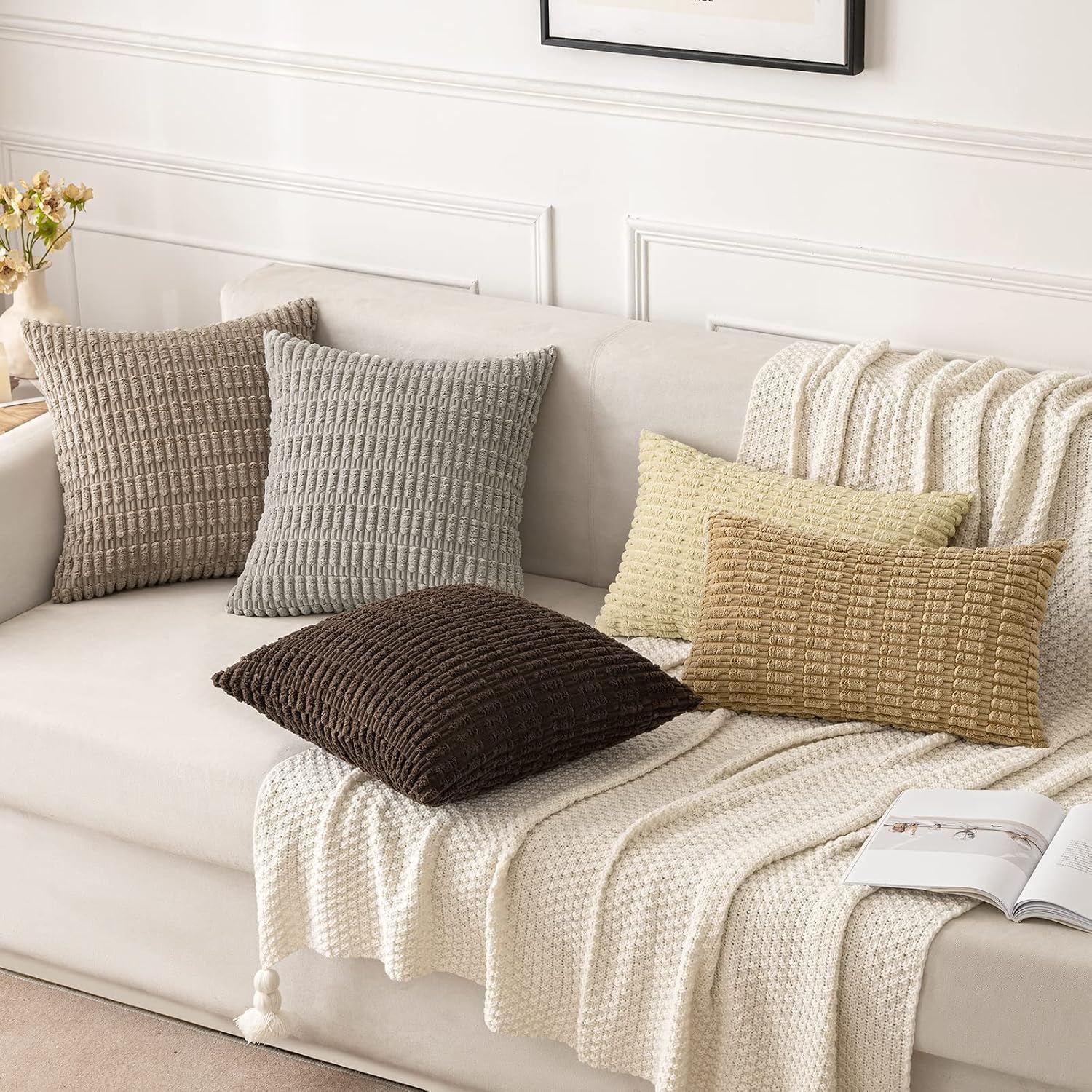 Miulee Pack of 2 Corduroy Decorative Throw Pillow Covers 20x20 Inch Soft Boho Striped Pillow Covers Modern Farmhouse Home Decor for Sofa Li…