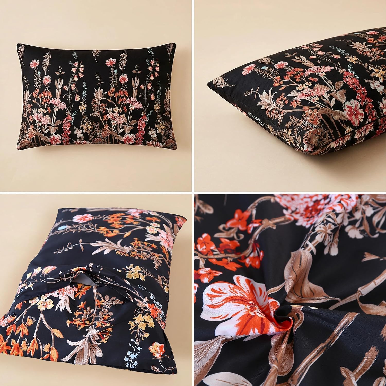 Mag 2 Pack Floral Pillowcases Queen Size 20"x30", Black Pillow Covers with Pink Botanical Flowers, Soft Microfiber Bedroom Pillow Shams for…
