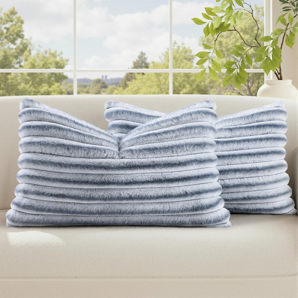 decorUhome Cozy Faux Fur Throw Pillow Covers 12x20 Set of 2 Decorative Soft Plush Striped Lumbar Modern Farmhouse Boho Couch Pillow Cases w…