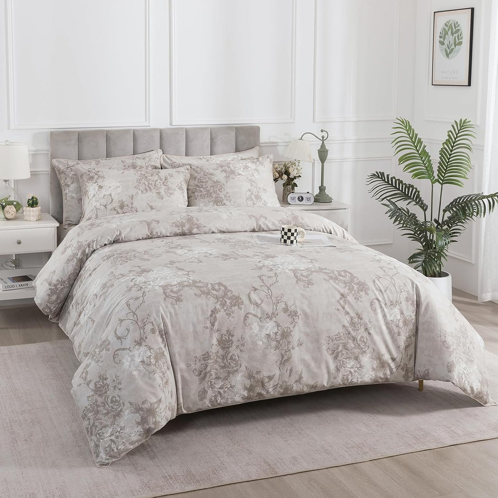 Puralens Vintage Greige Floral Percale Duvet Cover Queen 3Pcs, 100% Cotton Flower Print Farmhouse Comforter Cover Set, Soft Crisp Reversibl…