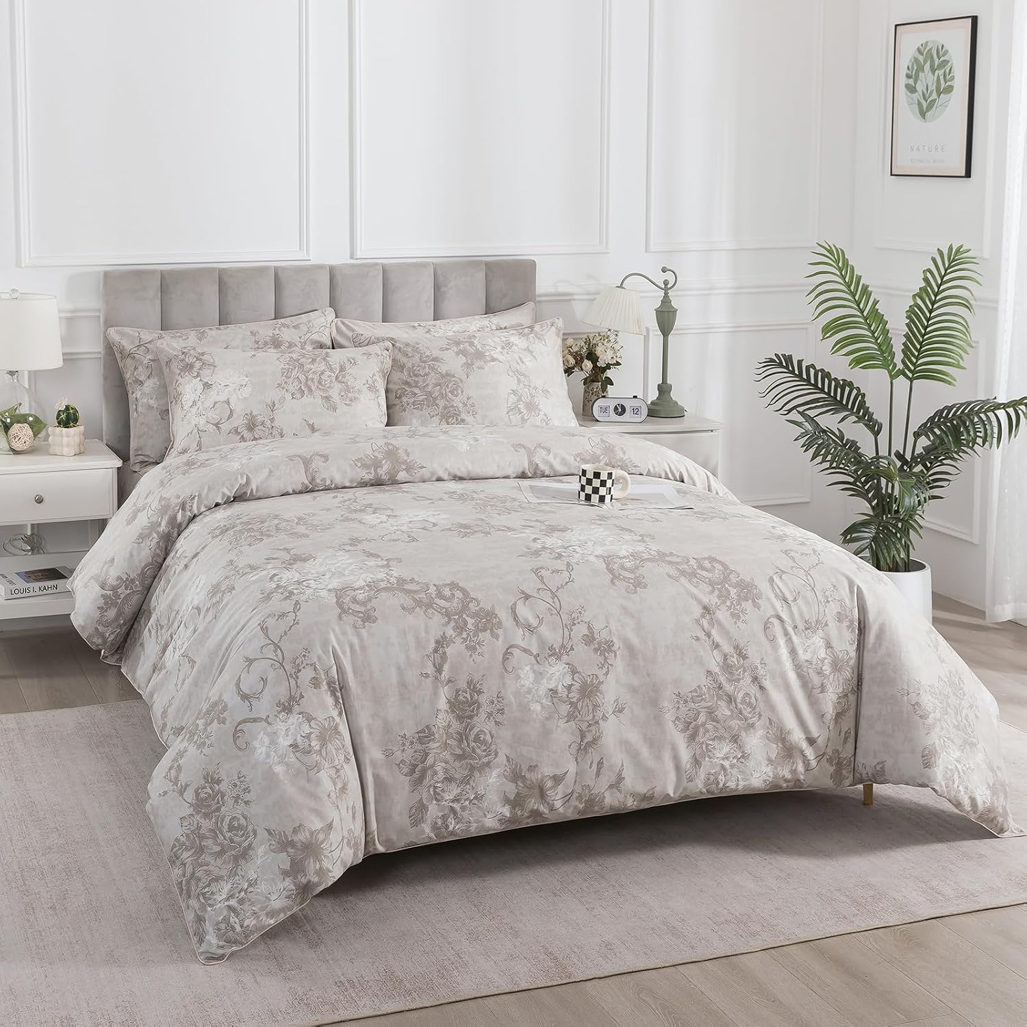 Puralens Vintage Greige Floral Percale Duvet Cover Queen 3Pcs, 100% Cotton Flower Print Farmhouse Comforter Cover Set, Soft Crisp Reversibl…