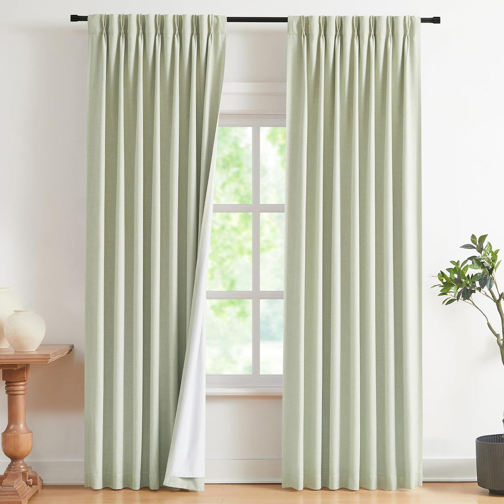 VisionHome Vision Home Soft Green Pinch Pleated Full Blackout Curtains Linen Blended Room Darkening Curtain Panels 90 inch for Living Room…