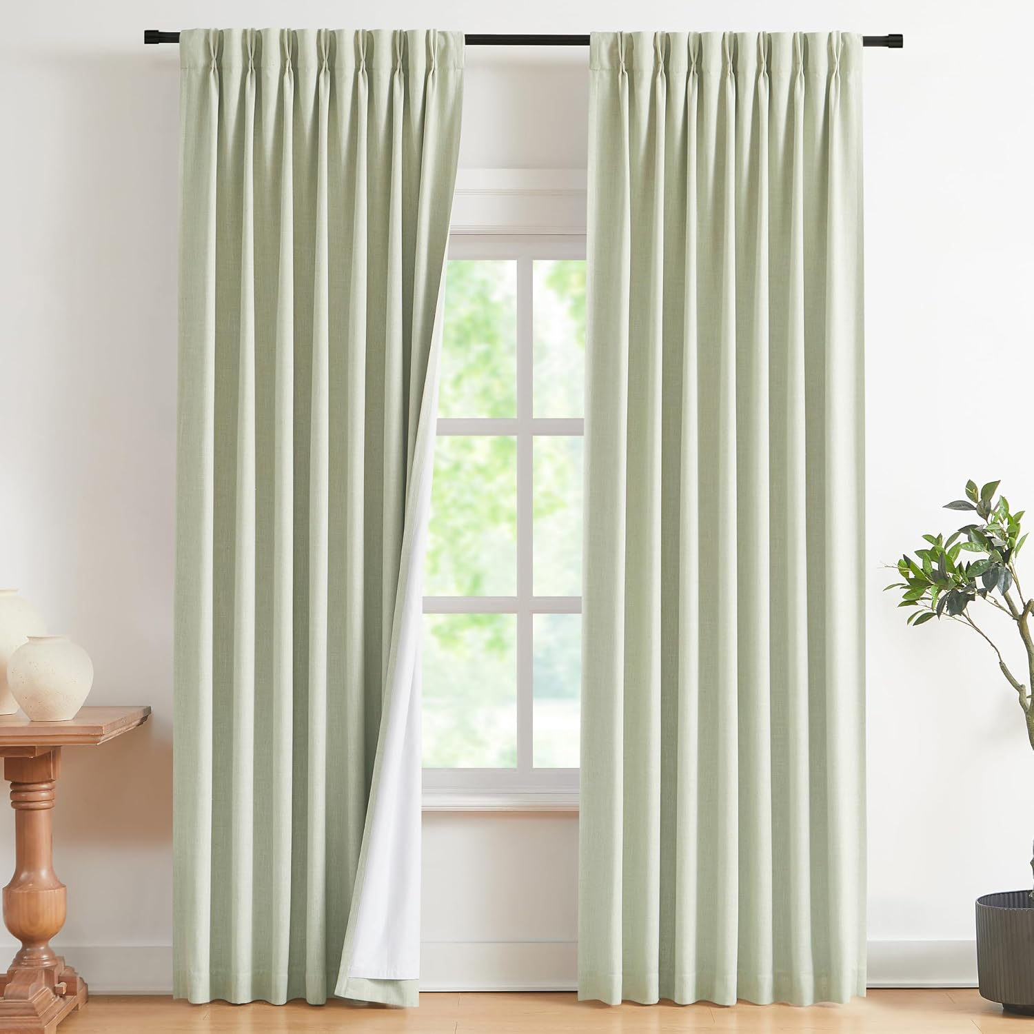 VisionHome Vision Home Soft Green Pinch Pleated Full Blackout Curtains Linen Blended Room Darkening Curtain Panels 102 inch for Living Room…