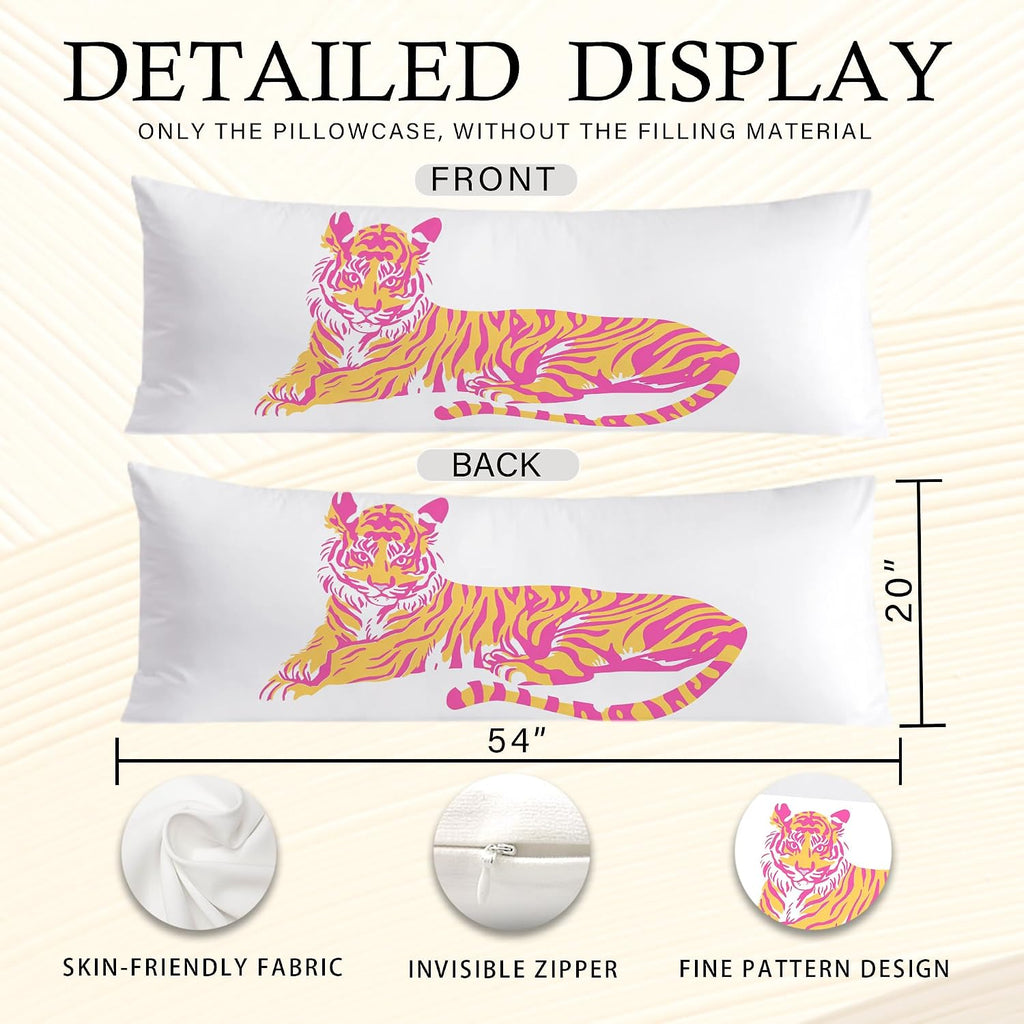 Trendy Pink and Orange Tiger Body Pillow Covers 20x54, Coquette Room Decor, Funky Preppy Tiger Long Body Pillow Case Cover with Hidden…