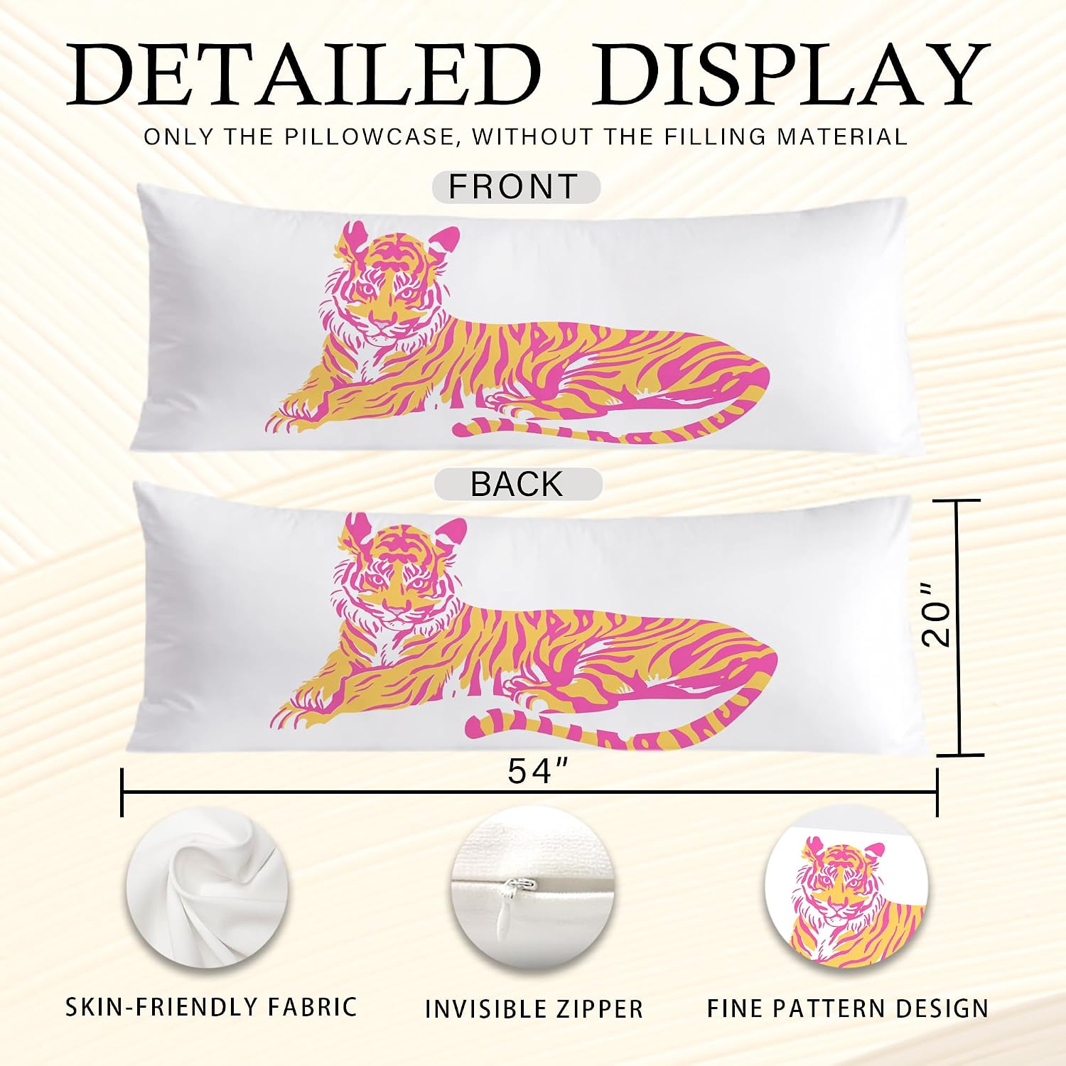 Trendy Pink and Orange Tiger Body Pillow Covers 20x54, Coquette Room Decor, Funky Preppy Tiger Long Body Pillow Case Cover with Hidden…