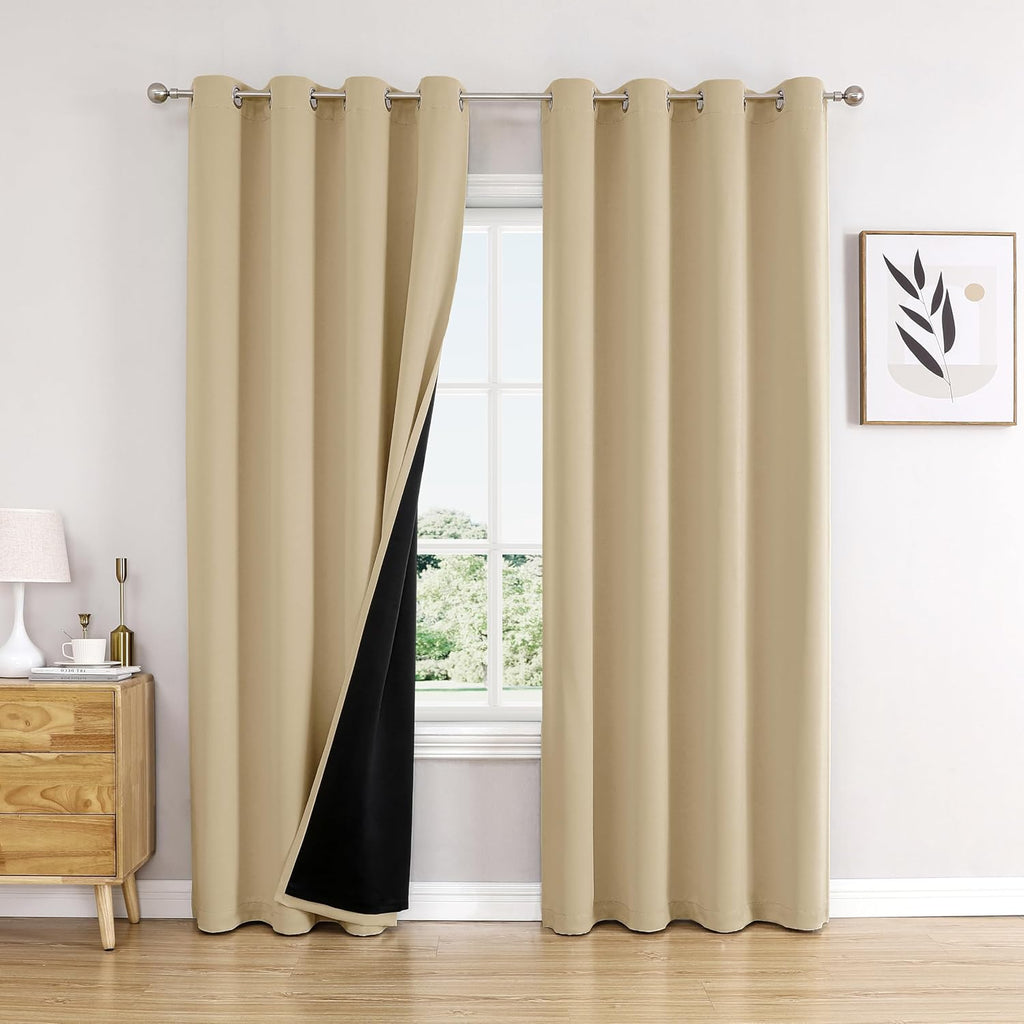 ChrisDowa 100% Blackout Curtains 90 inch Long for Bedroom with Black Liner, 2 Thick Layers Total Blackout Thermal Insulated Grommet Long Wi…