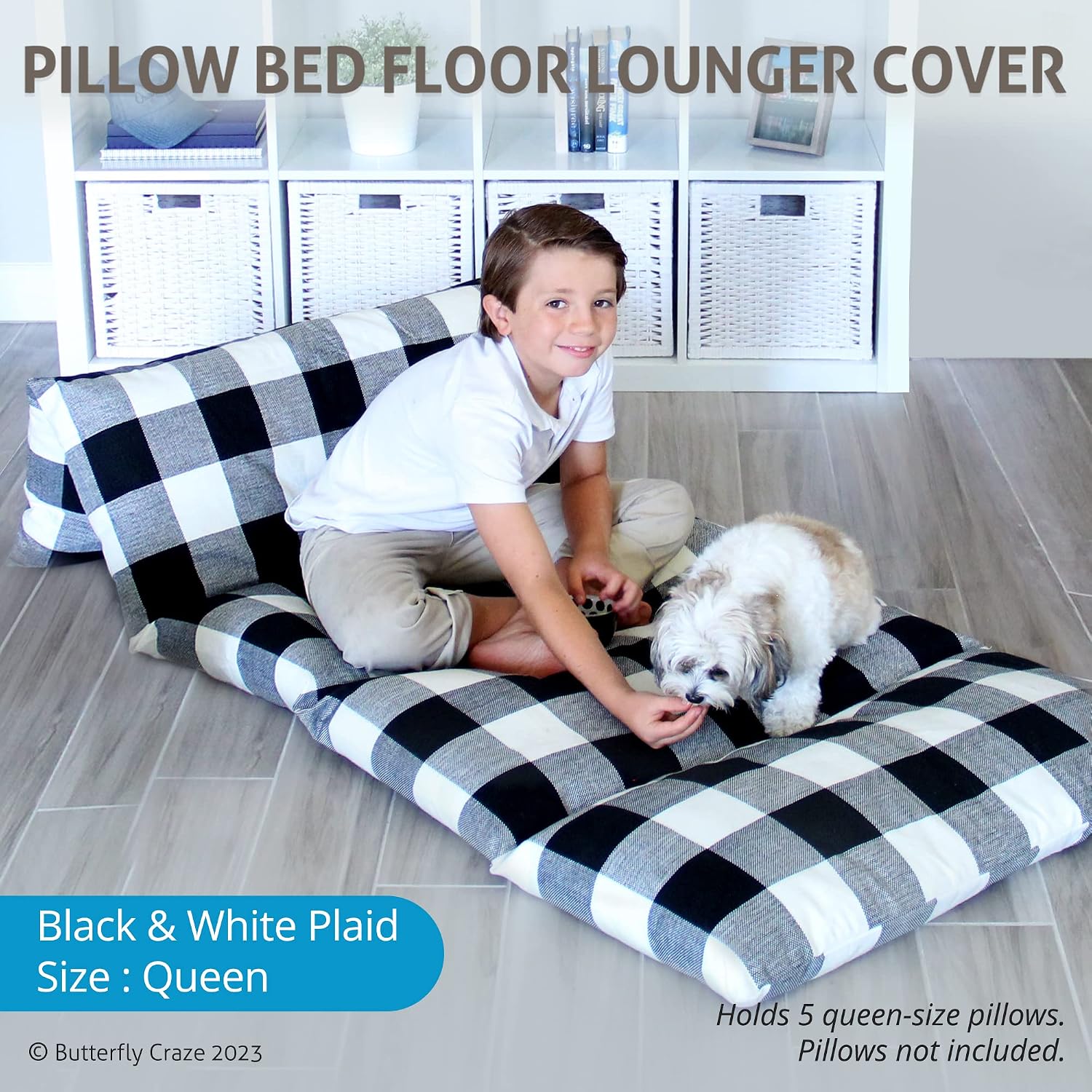 Butterfly Craze Floor Pillow Case, Mattress Bed Lounger Cover, Black/White, Queen Size - Cozy Seating Solution for Kids & Adults…