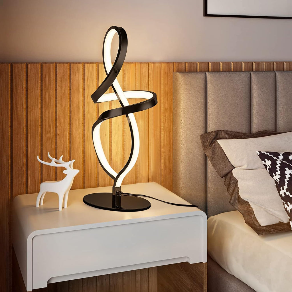 Mayful Modern Table Lamp with LED Unique Spiral Design, Small Nightstand Lamp with Stepless Dimming Switch, Black Bedside Lamps for…