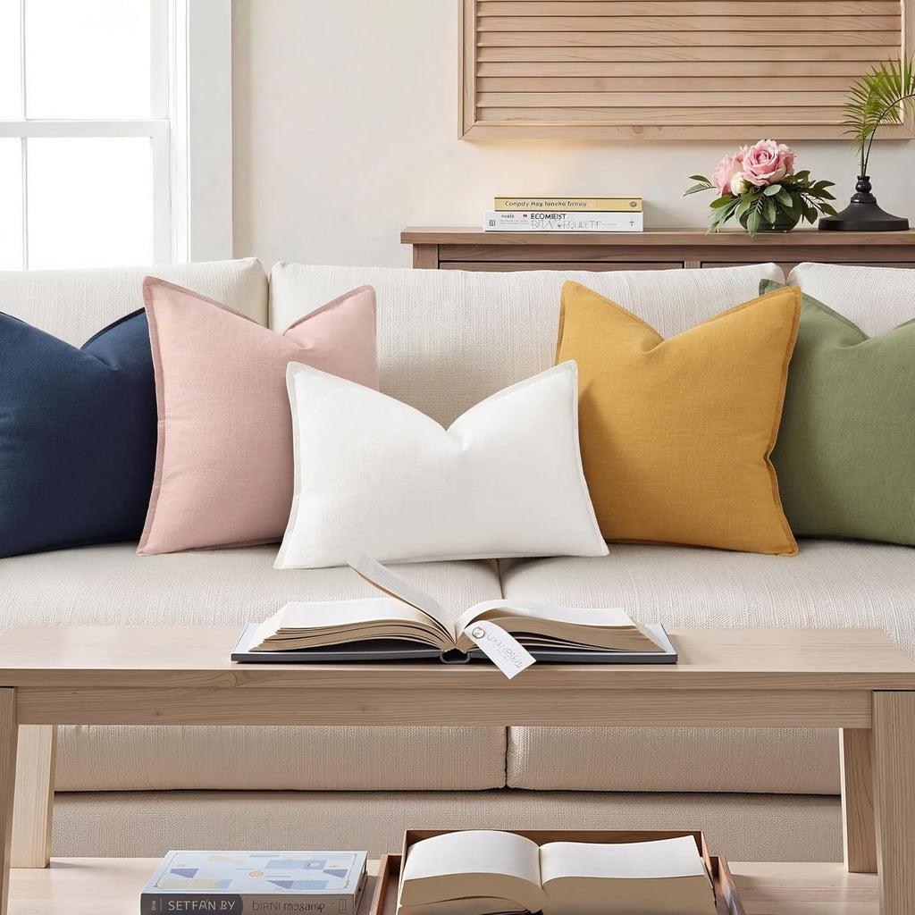 decorUhome Summer Decorative Linen Throw Pillow Covers 12x20 Inch Set of 2 Cream White Lumbar Pillow Covers with Flange Edges Soft Farmhous…