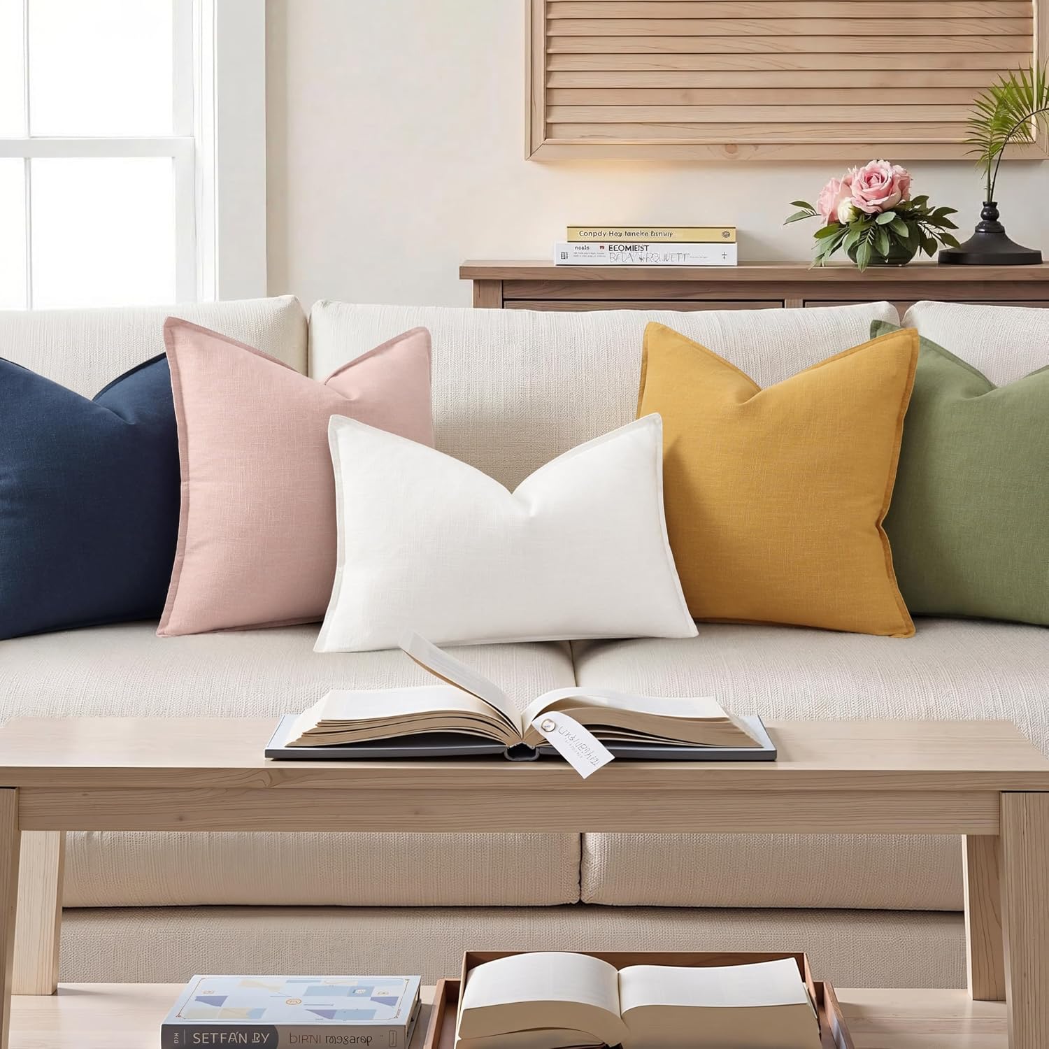 decorUhome Summer Decorative Linen Throw Pillow Covers 12x20 Inch Set of 2 Cream White Lumbar Pillow Covers with Flange Edges Soft Farmhous…