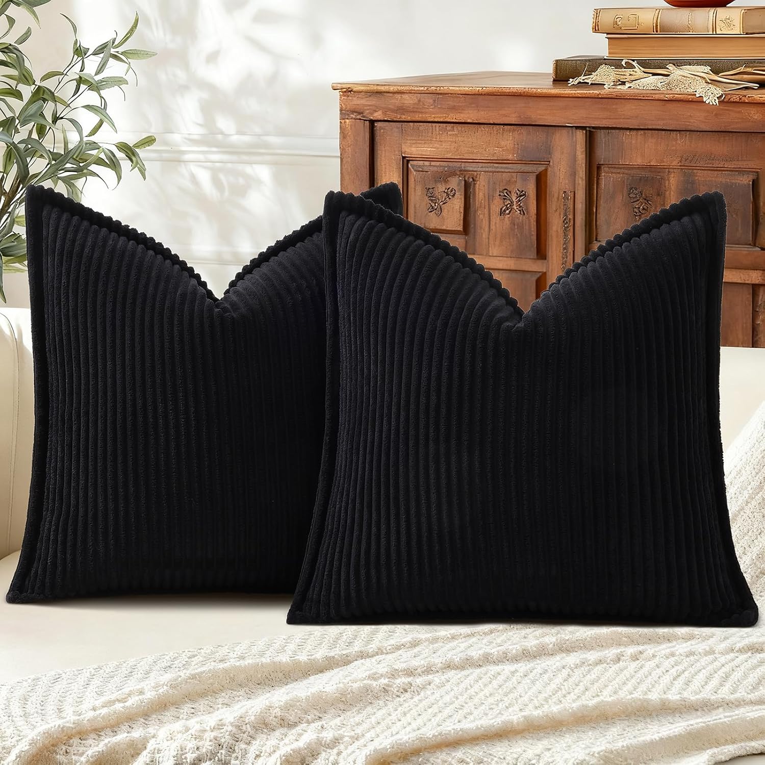 Mecatny Corduroy Summer Throw Pillow Covers 24x24 Set of 2, Neutral Decorative Soft Boho Couch Pillow Covers with Broadside for Sofa…